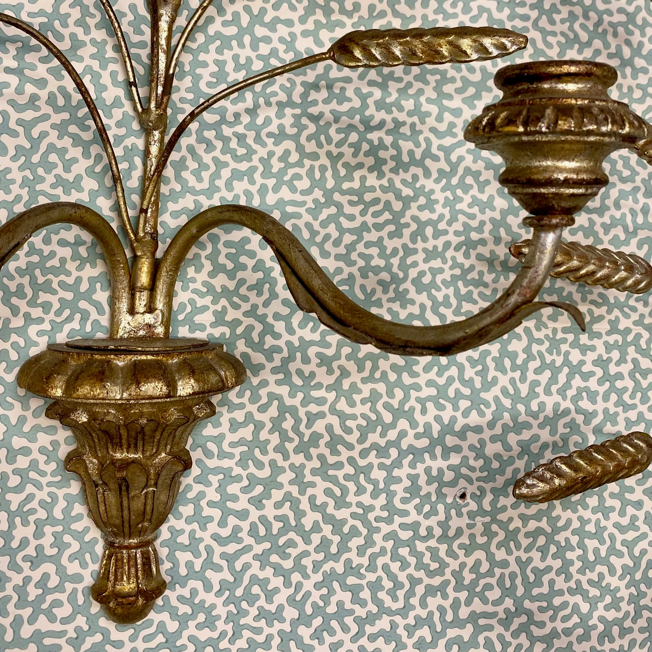 Pair Silver Gilt Wheatsheaf Double Sconces