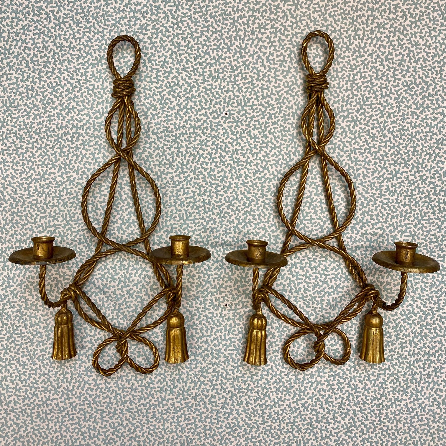 Pair Rope & Tassel Gilt Metal Italian Double Candle Sconces