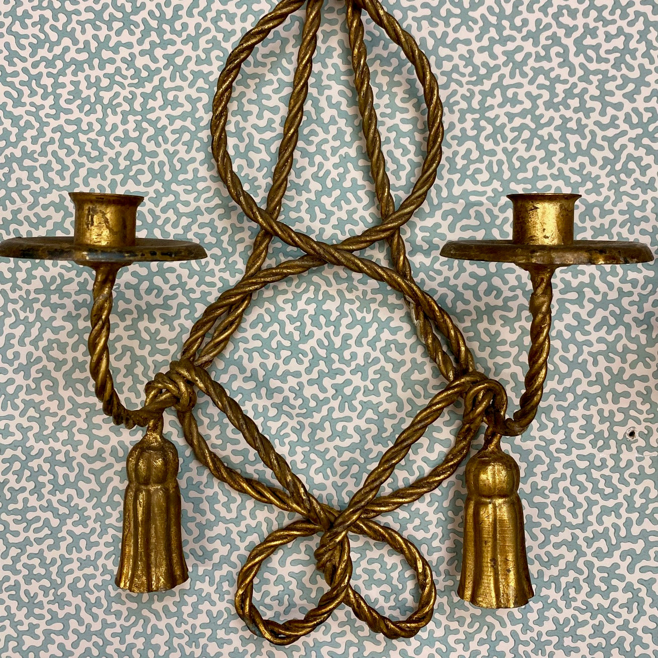 Pair Rope & Tassel Gilt Metal Italian Double Candle Sconces