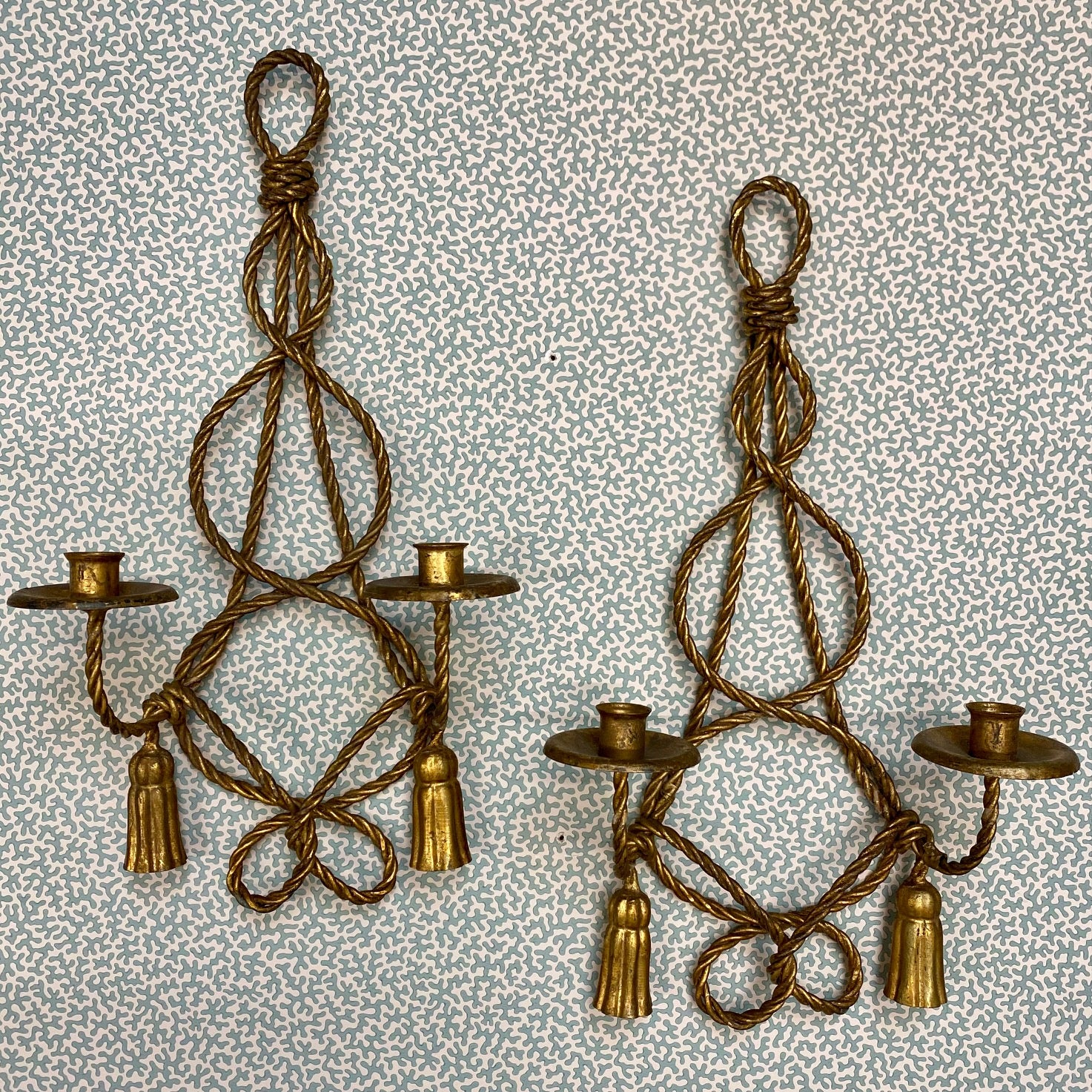 Pair Rope & Tassel Gilt Metal Italian Double Candle Sconces