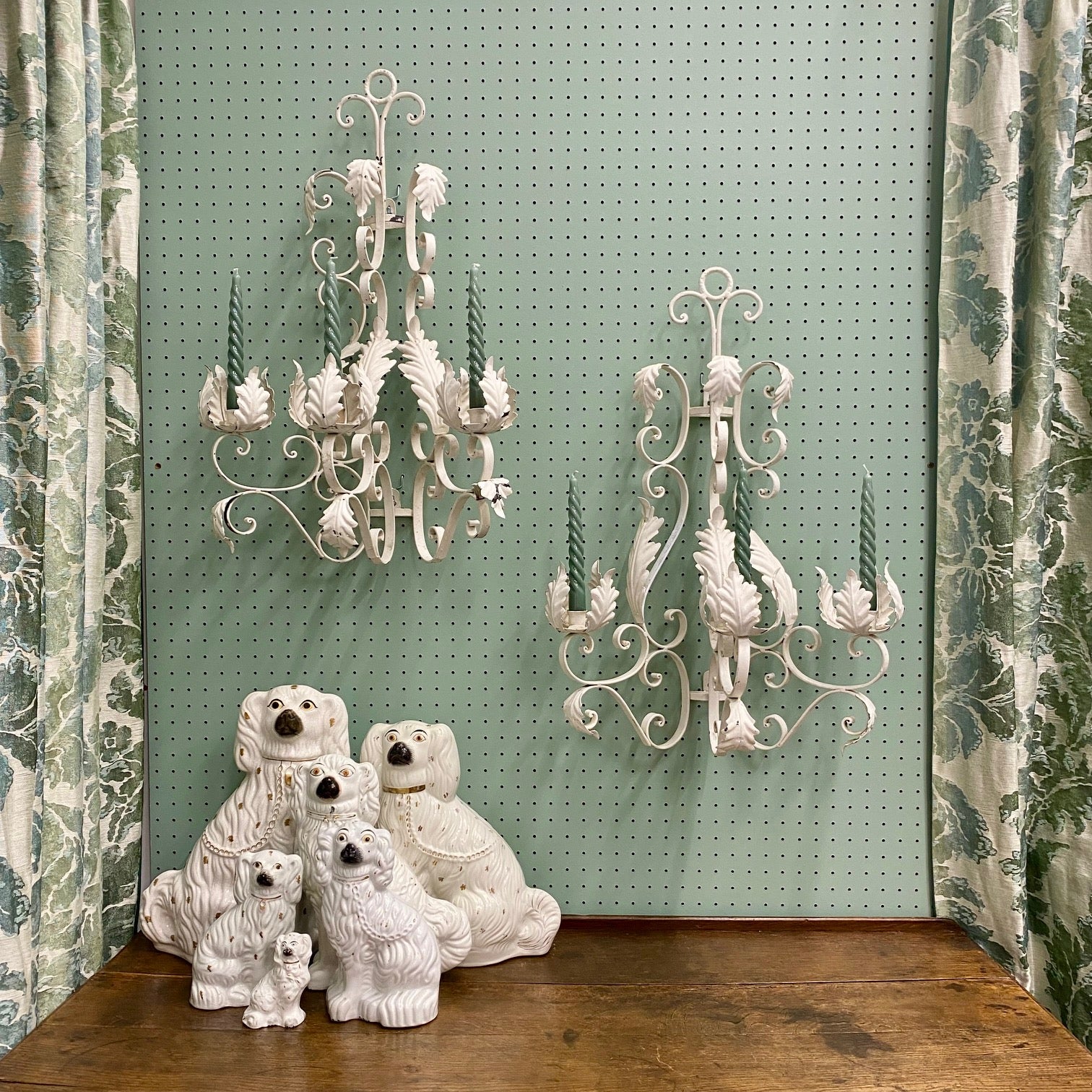 Pair of Large Vintage White Metal Painted Triple Candle Sconces