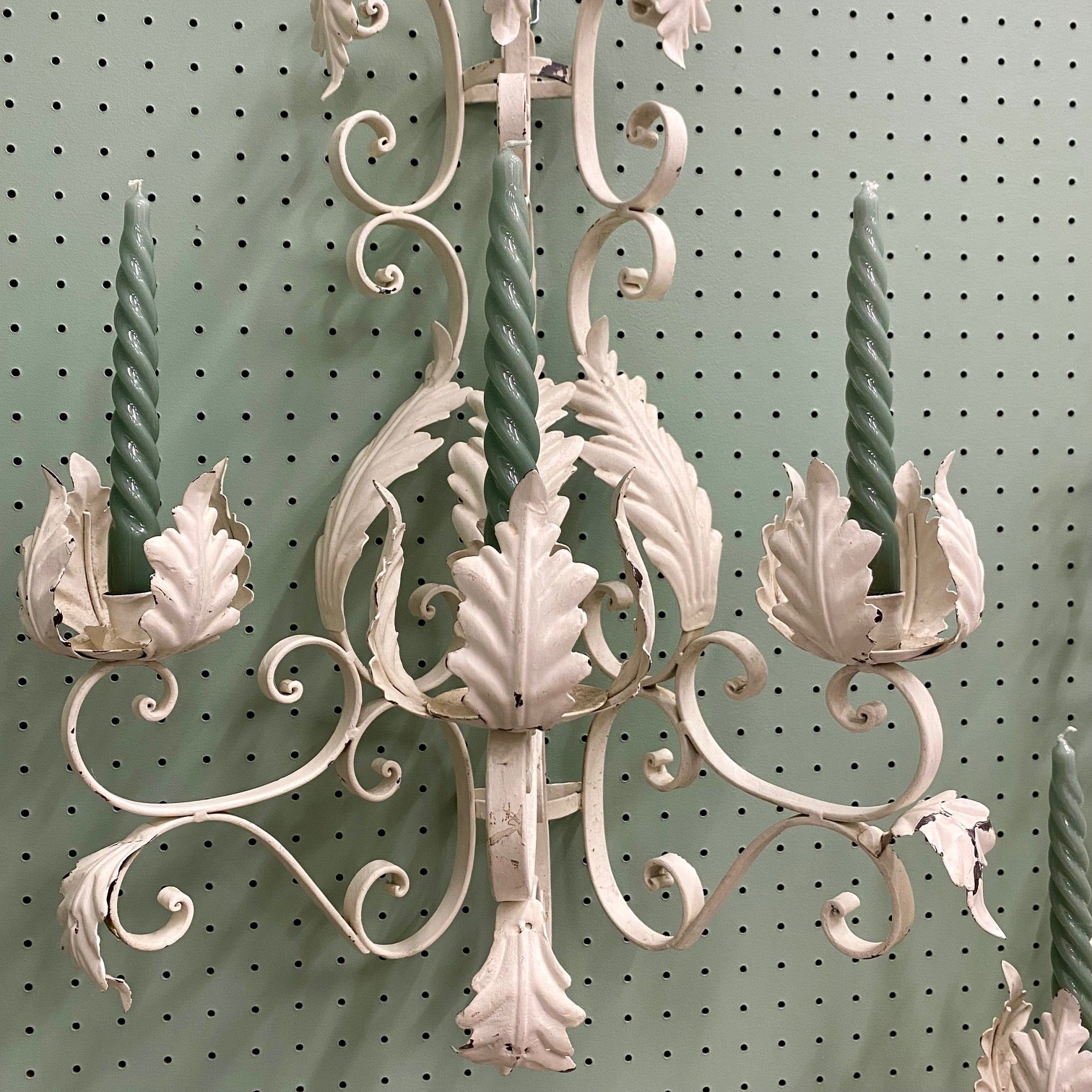 Pair of Large Vintage White Metal Painted Triple Candle Sconces