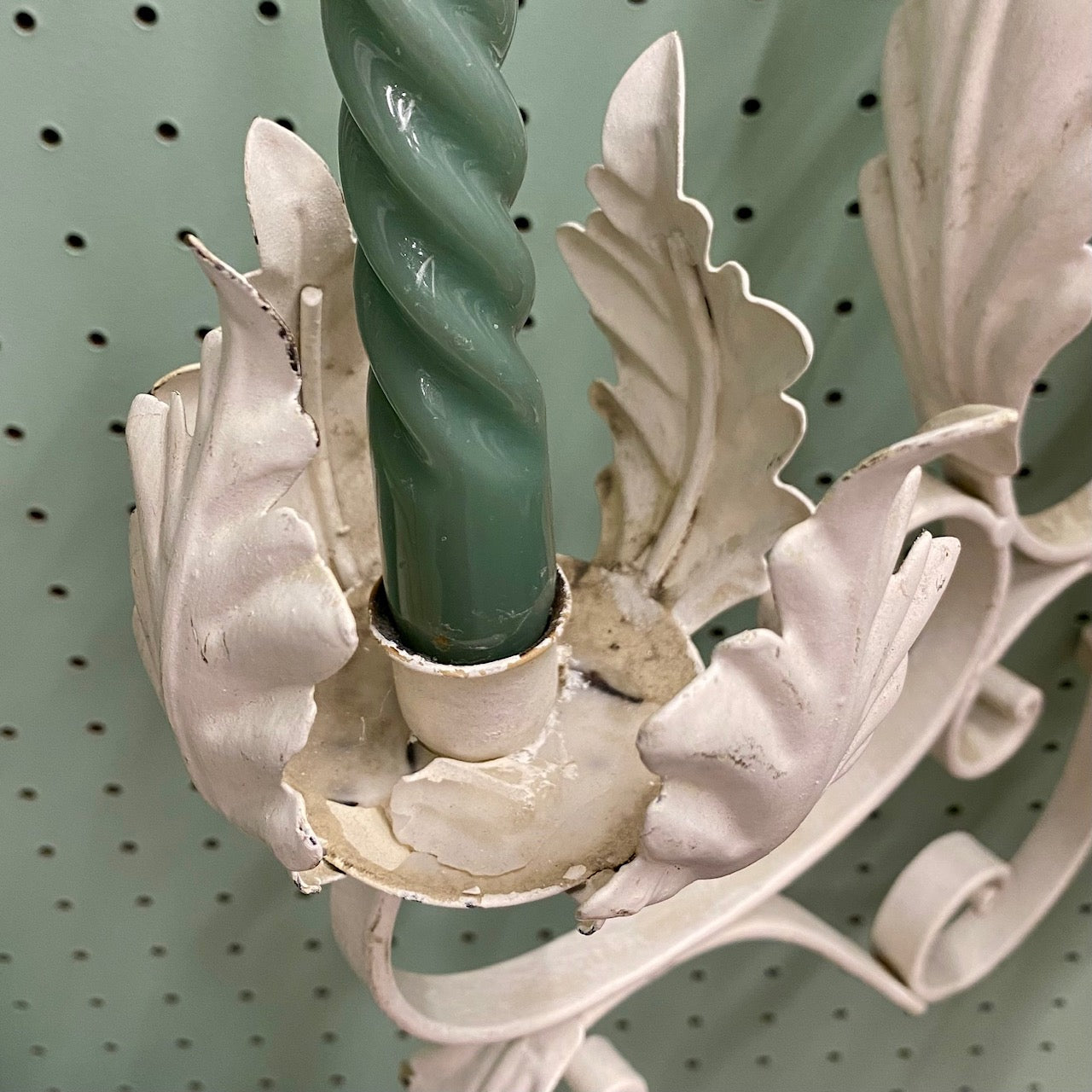 Pair of Large Vintage White Metal Painted Triple Candle Sconces