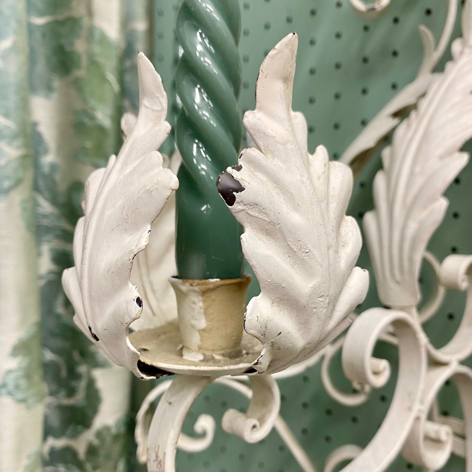 Pair of Large Vintage White Metal Painted Triple Candle Sconces