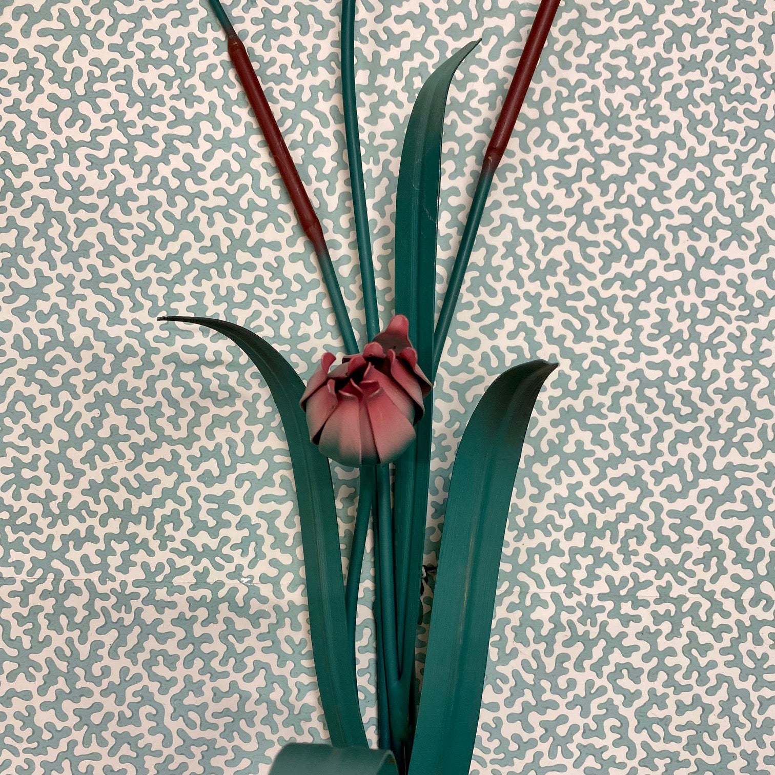 Pair Stunning Vintage Toleware Pink Water Lily and Bullrush Candle Sconces