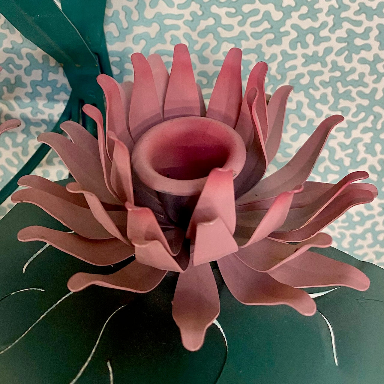 Pair Stunning Vintage Toleware Pink Water Lily and Bullrush Candle Sconces