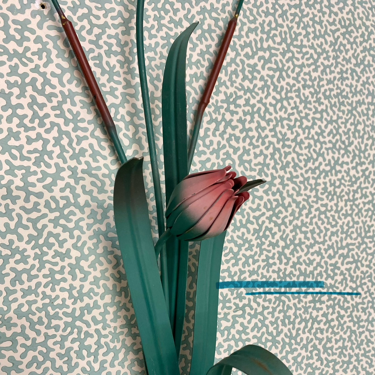 Pair Stunning Vintage Toleware Pink Water Lily and Bullrush Candle Sconces