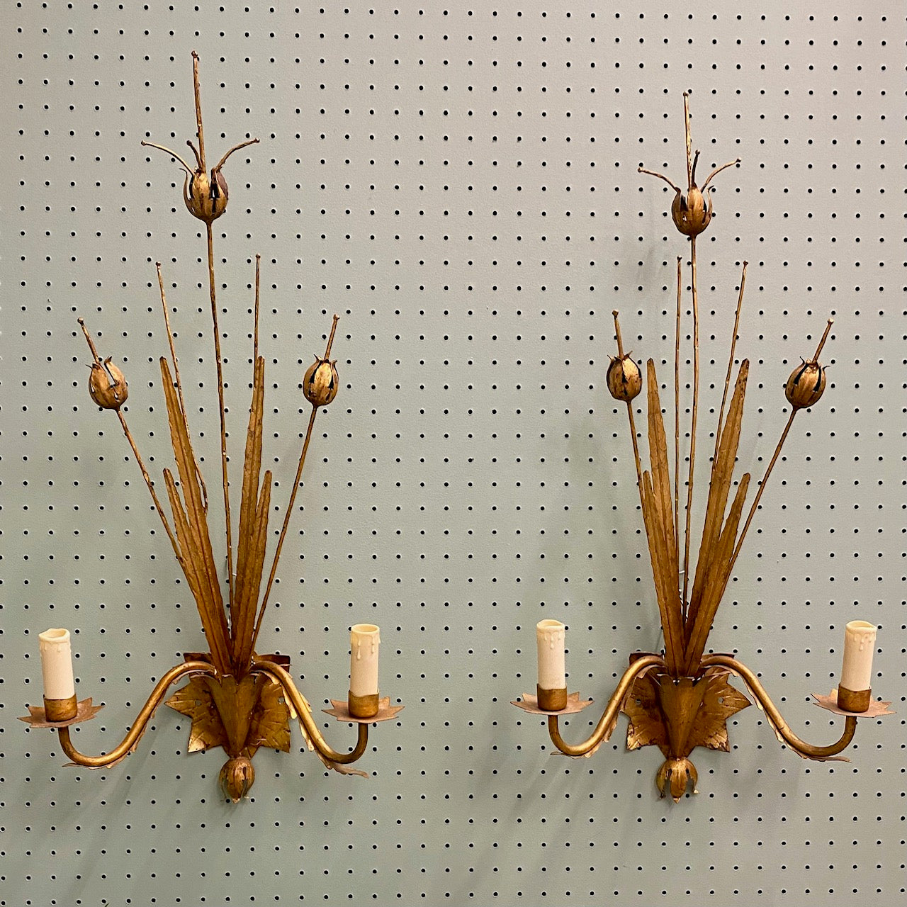 Pair Large Italian Vintage Gold Tole Sconces with Flower Heads
