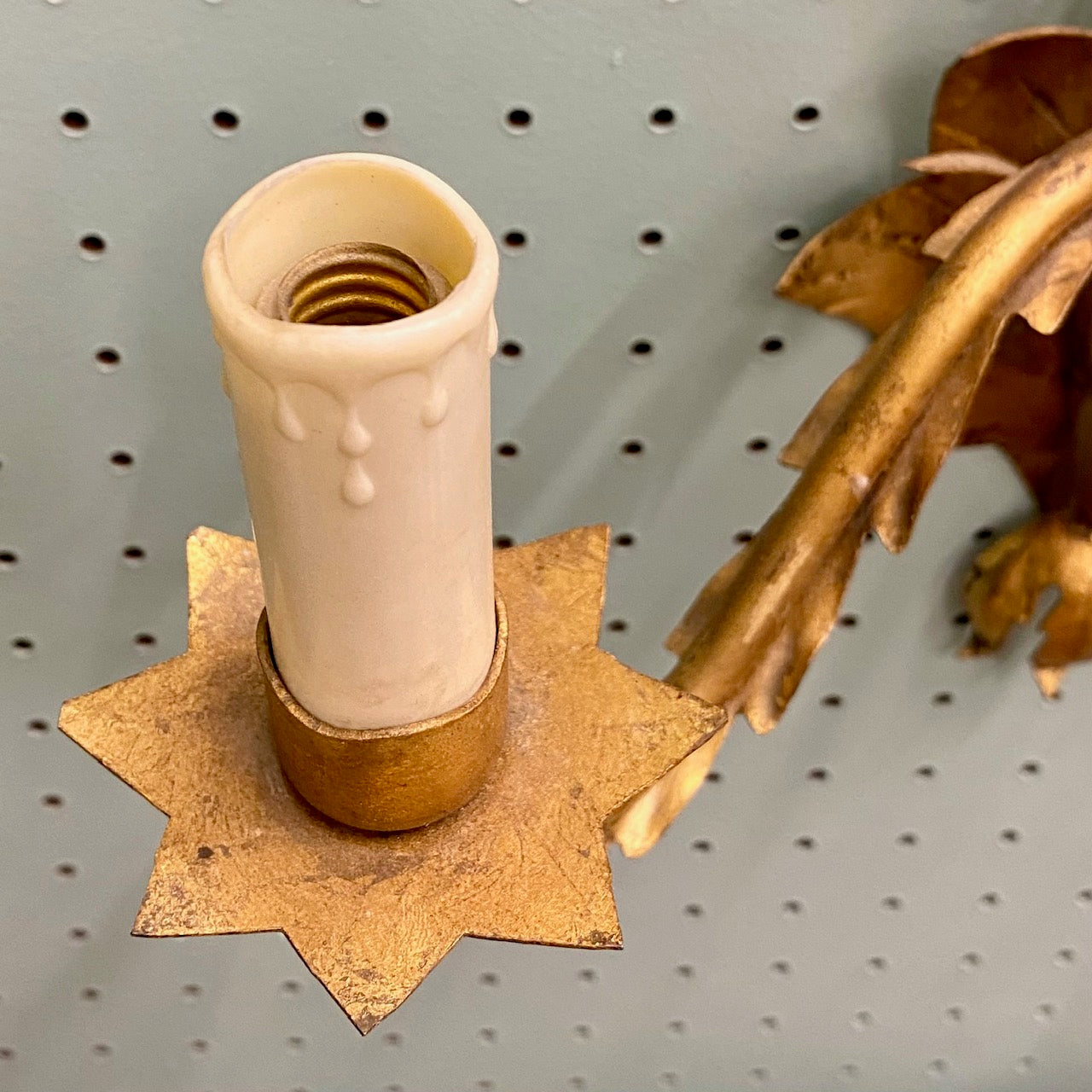 Pair Large Italian Vintage Gold Tole Sconces with Flower Heads