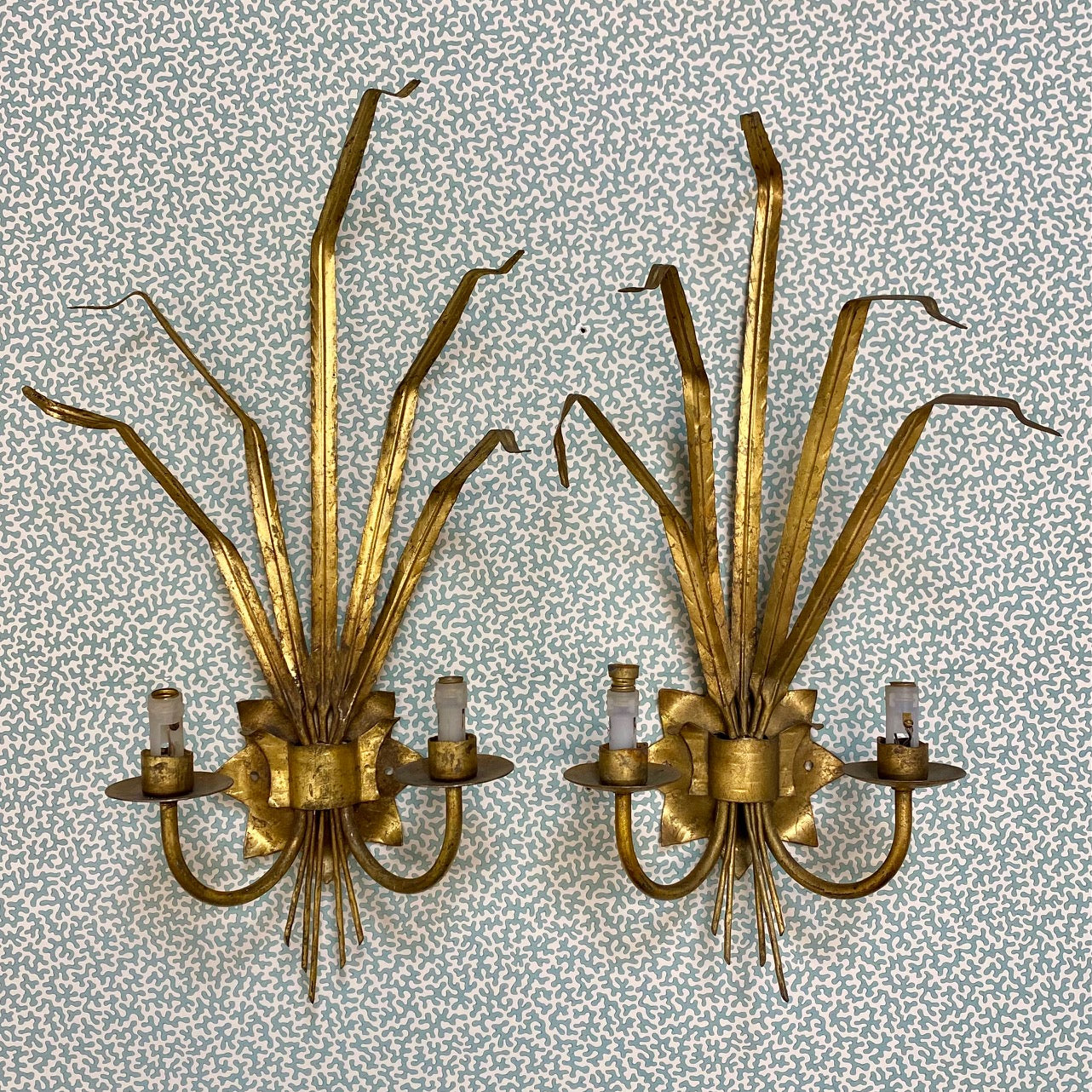 Pair Vintage Italian Gilt Tole Leaf Sconces