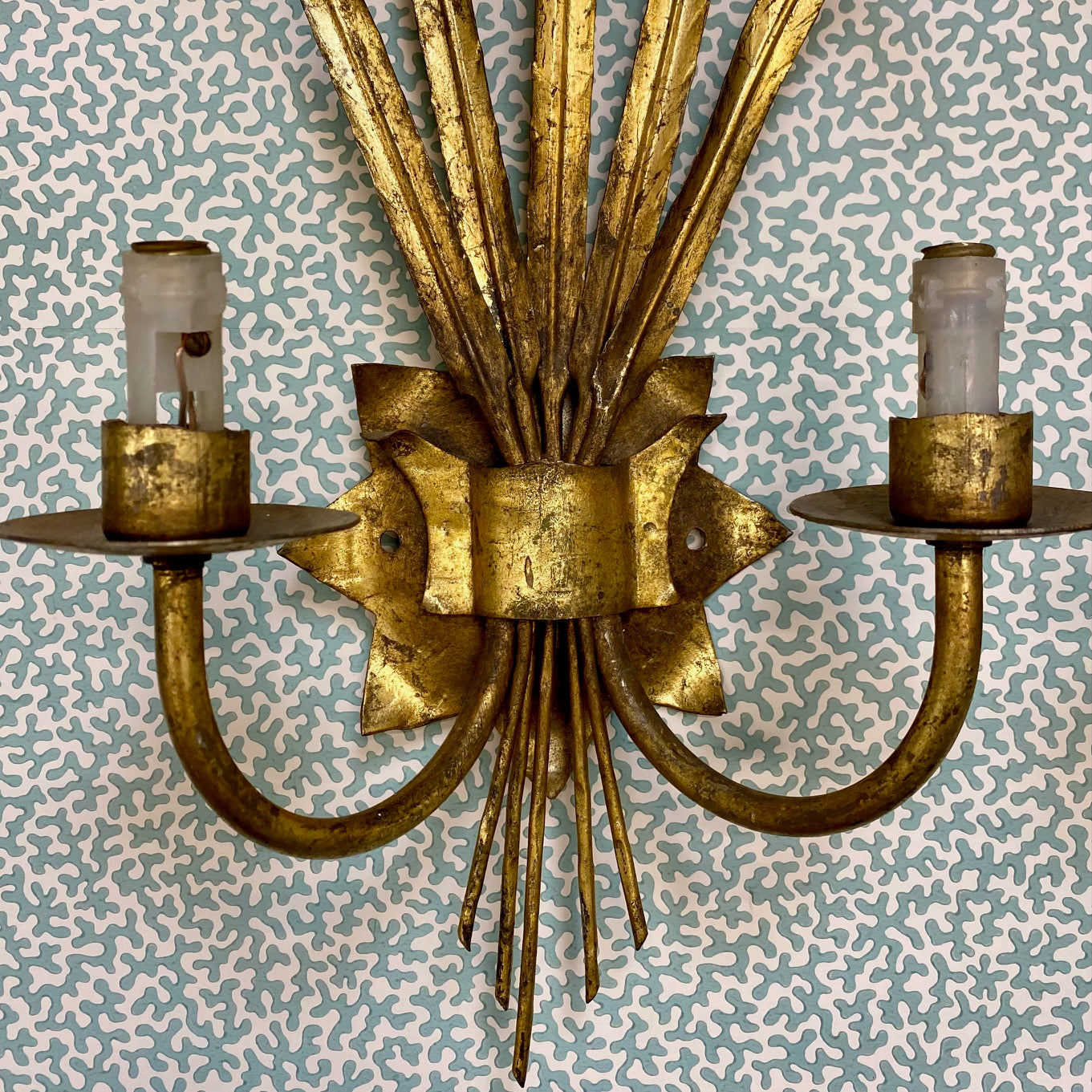 Pair Vintage Italian Gilt Tole Leaf Sconces
