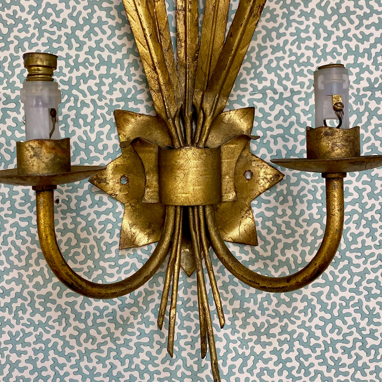 Pair Vintage Italian Gilt Tole Leaf Sconces