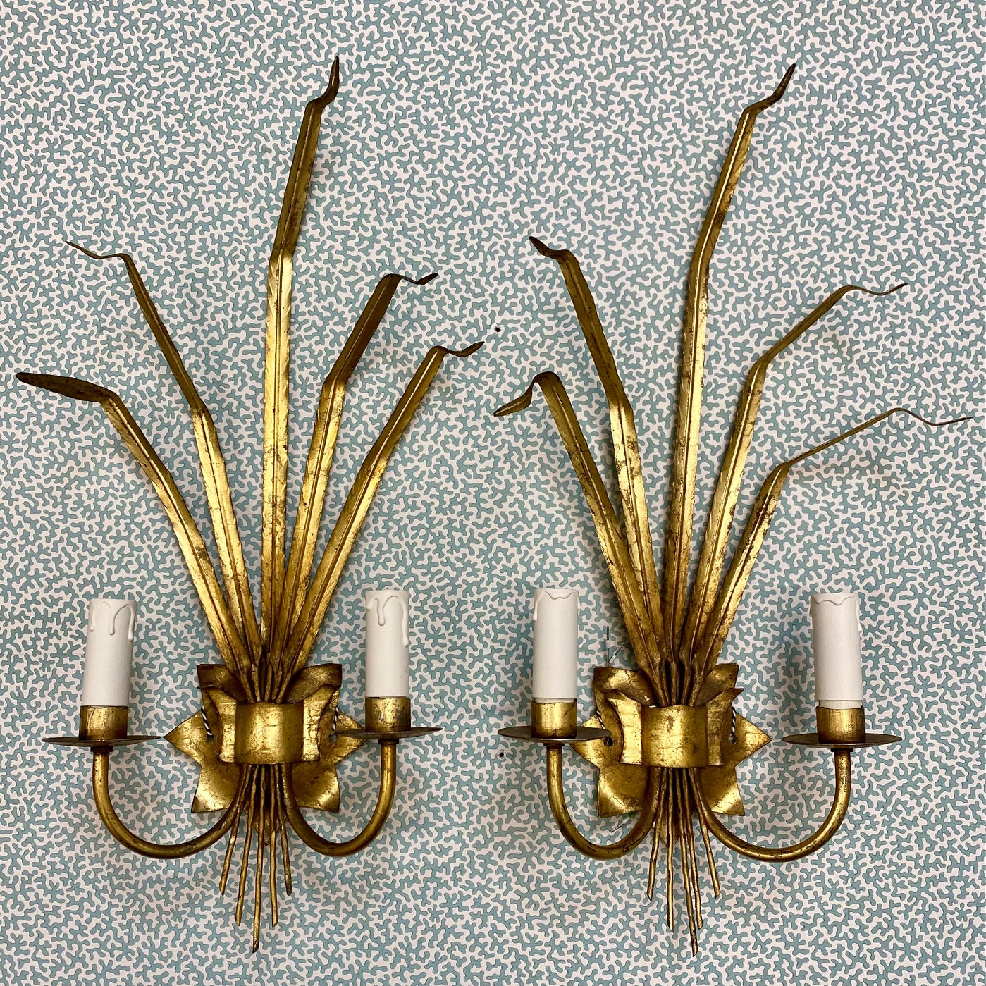 Pair Italian Gilt Tole Leaf Sconces