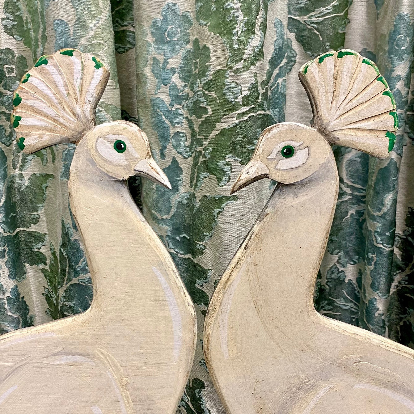 Pair Large Decorative Painted White Peacocks