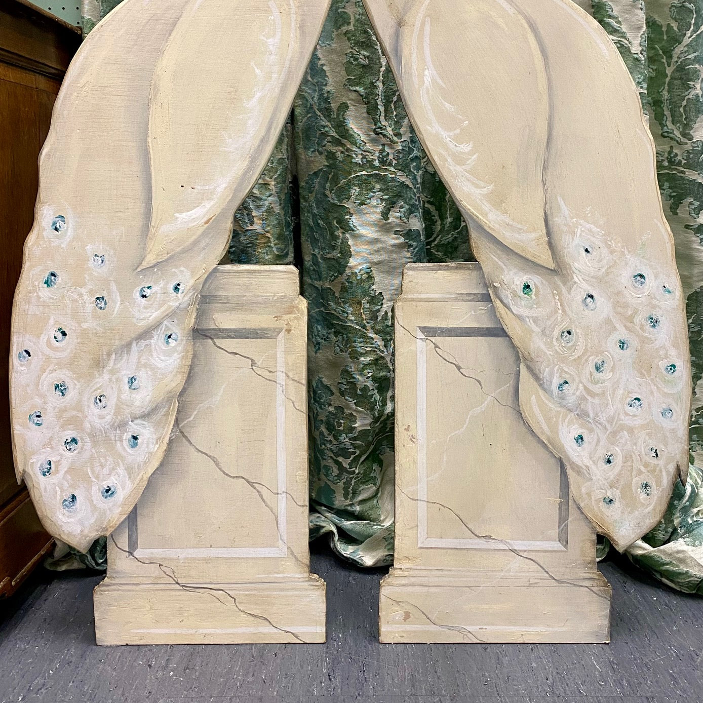 Pair Large Decorative Painted White Peacocks