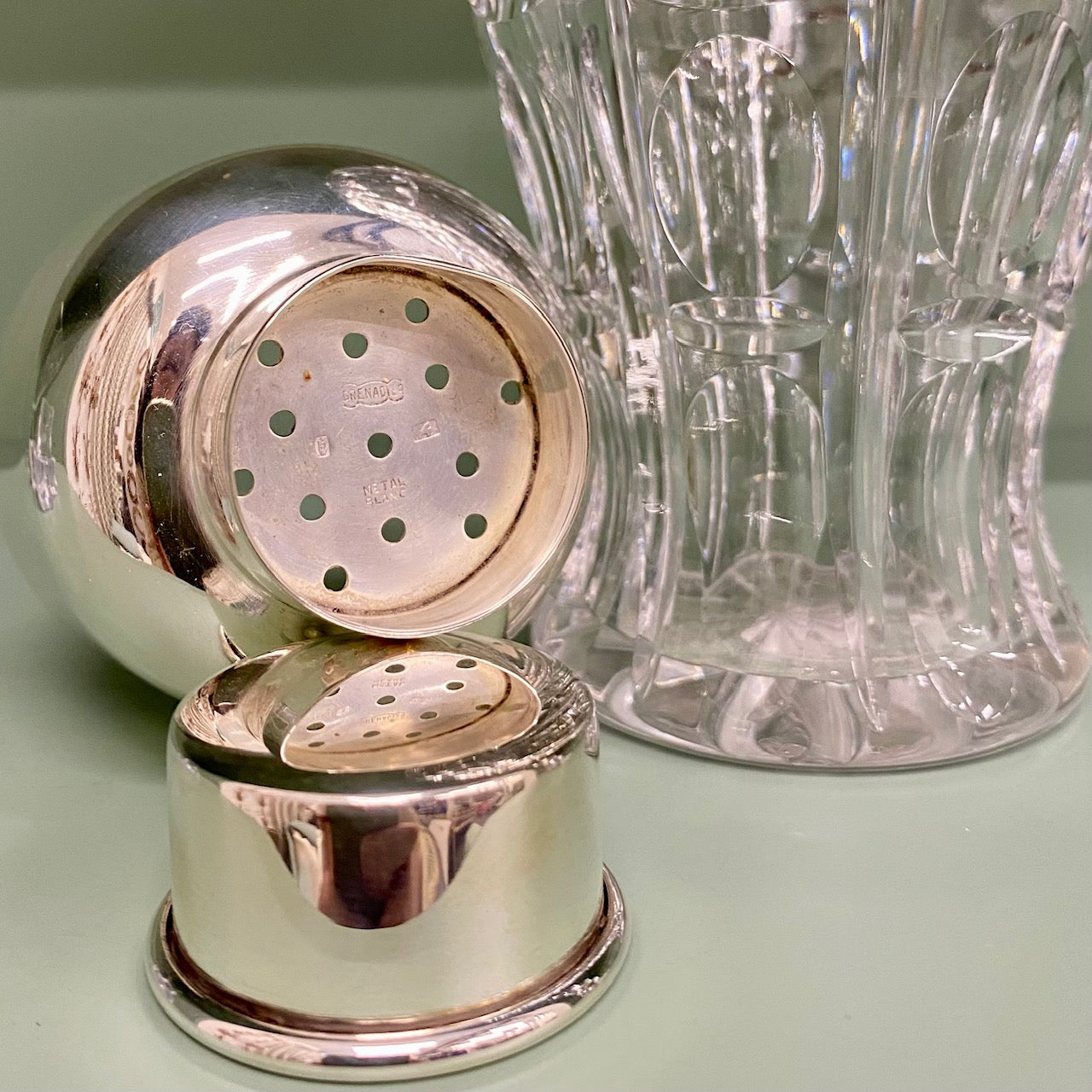 Beautiful Cut Crystal Cocktail Shaker with Silver Plated Lid