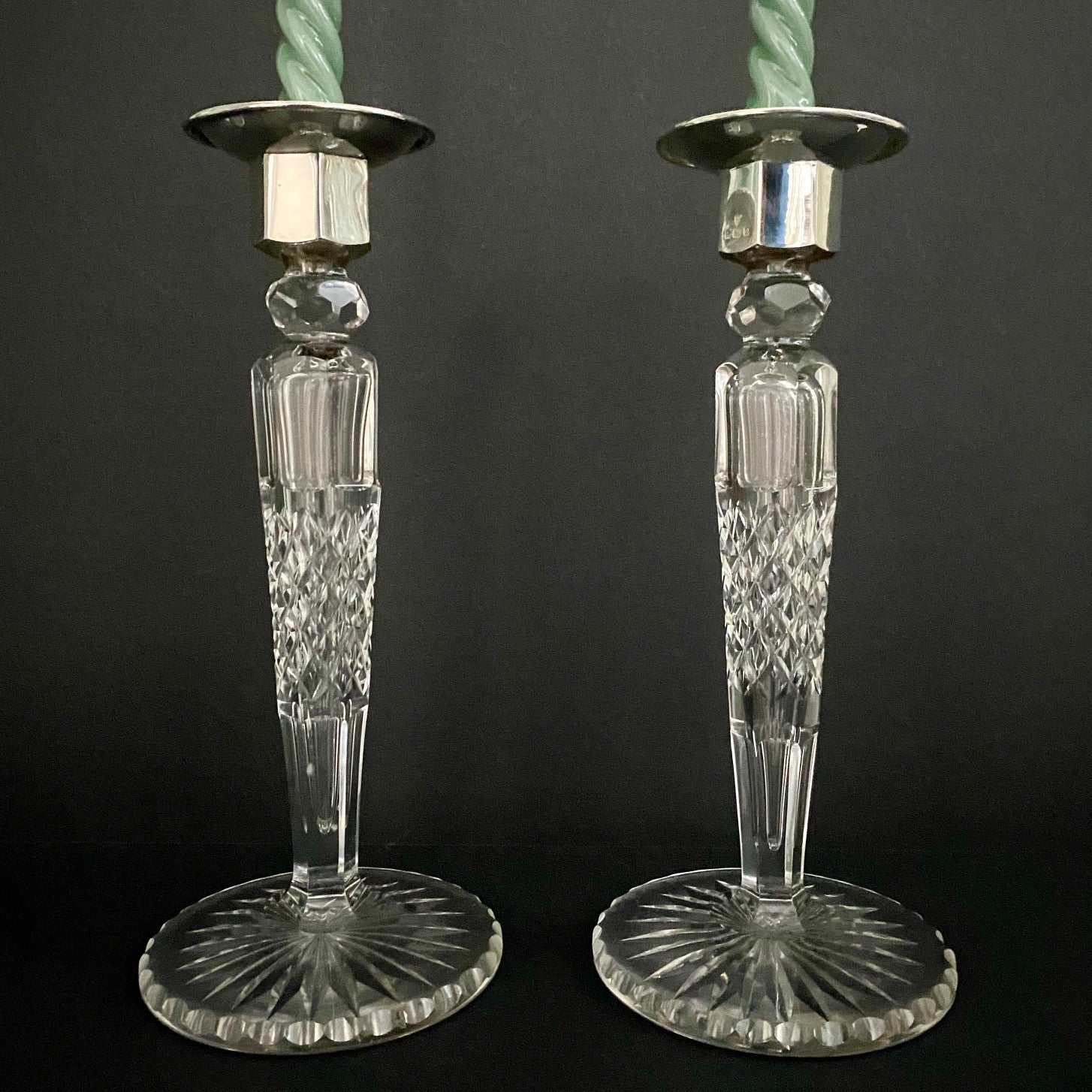 Pair Fabulous Tall Crystal Silver Topped Candlesticks