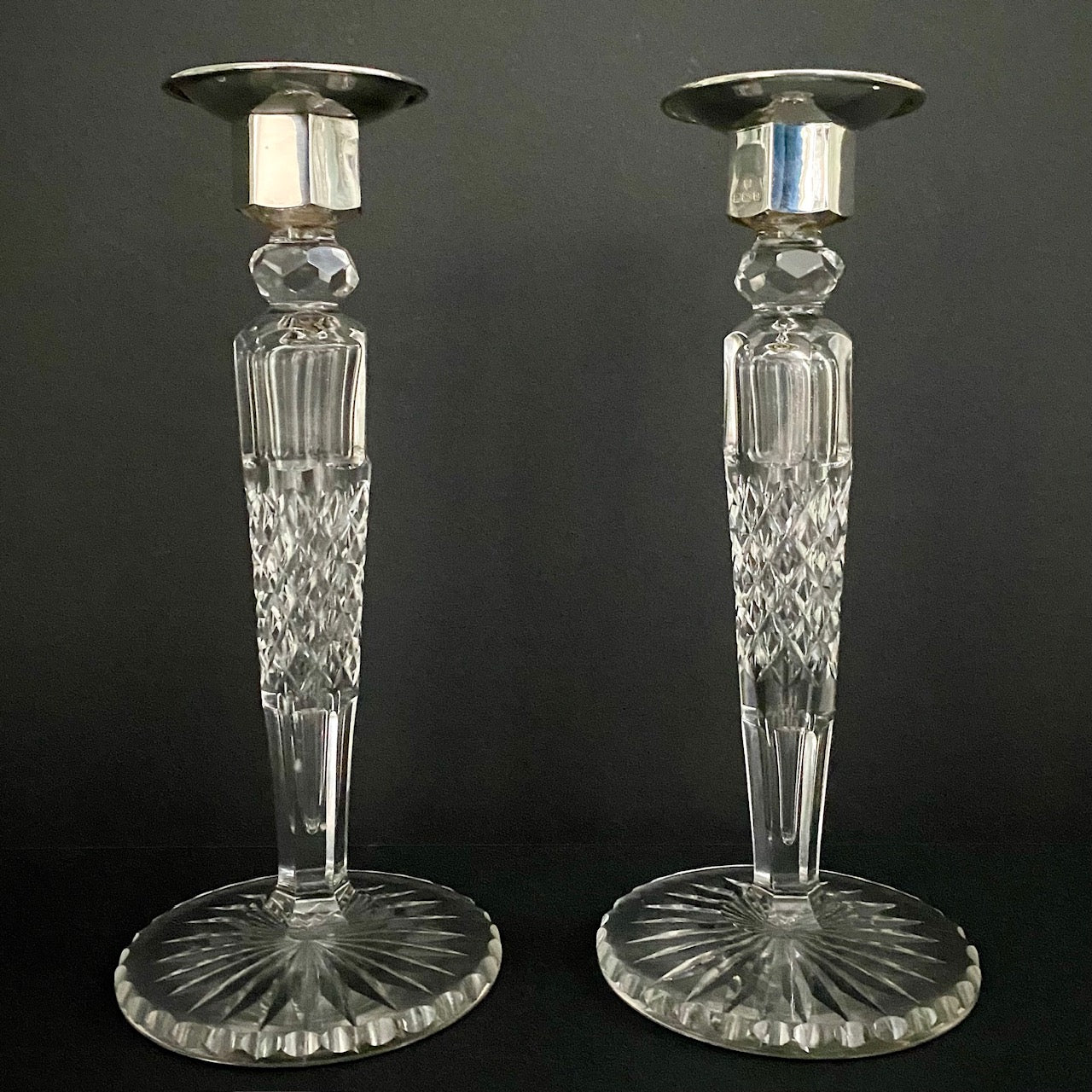 Pair Fabulous Tall Crystal Silver Topped Candlesticks