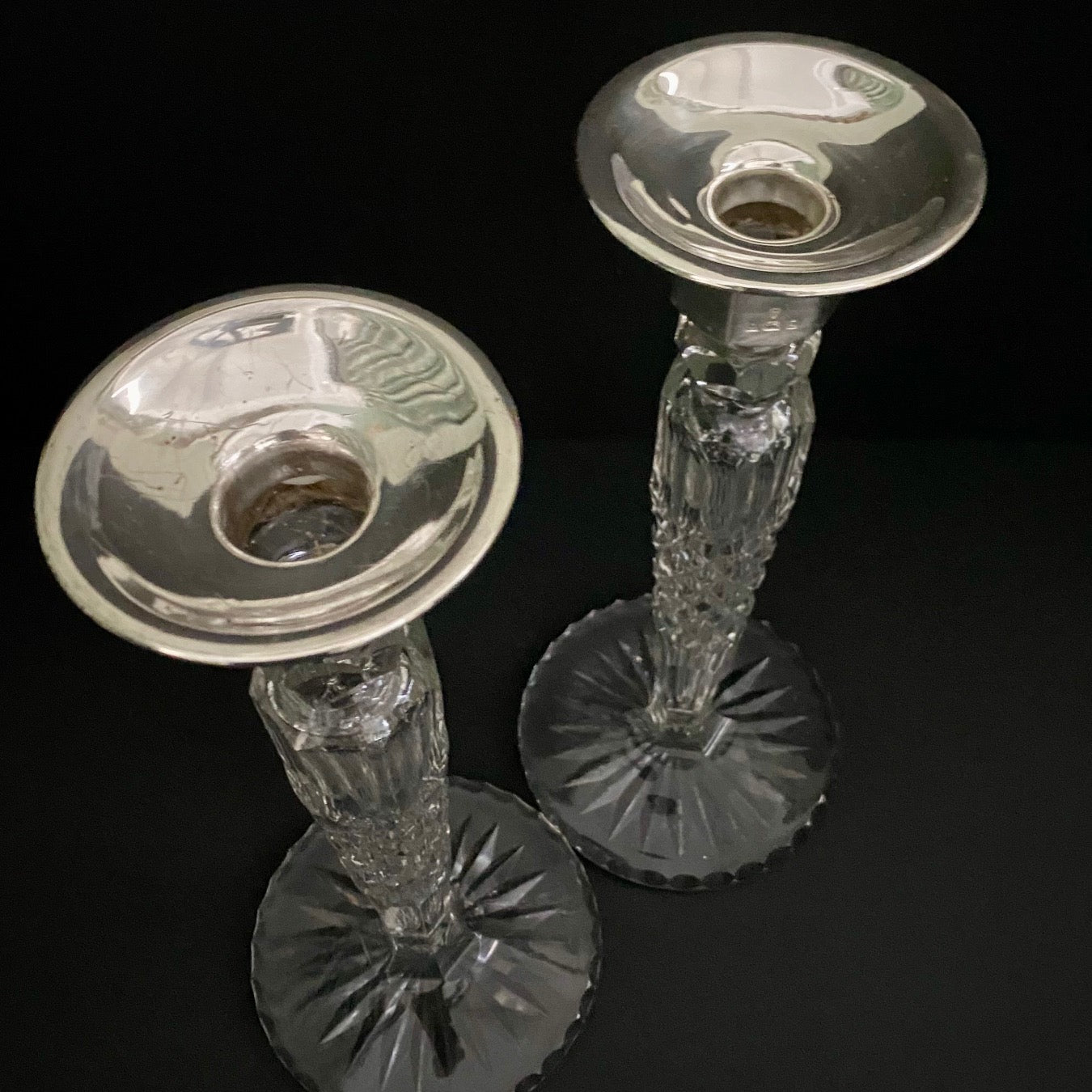 Pair Fabulous Tall Crystal Silver Topped Candlesticks