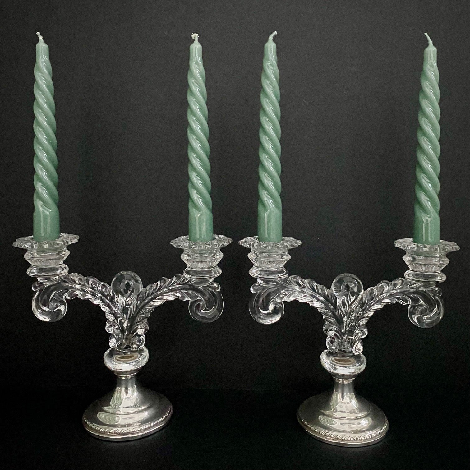 Pair American Double Arm Glass Candlesticks with Silver Bases