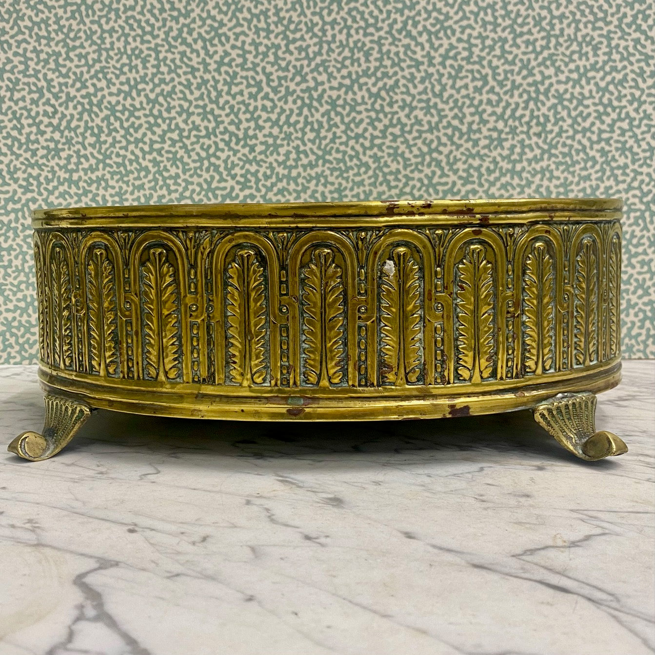 Vintage Decorative Oval Brass Planter with Scroll Feet