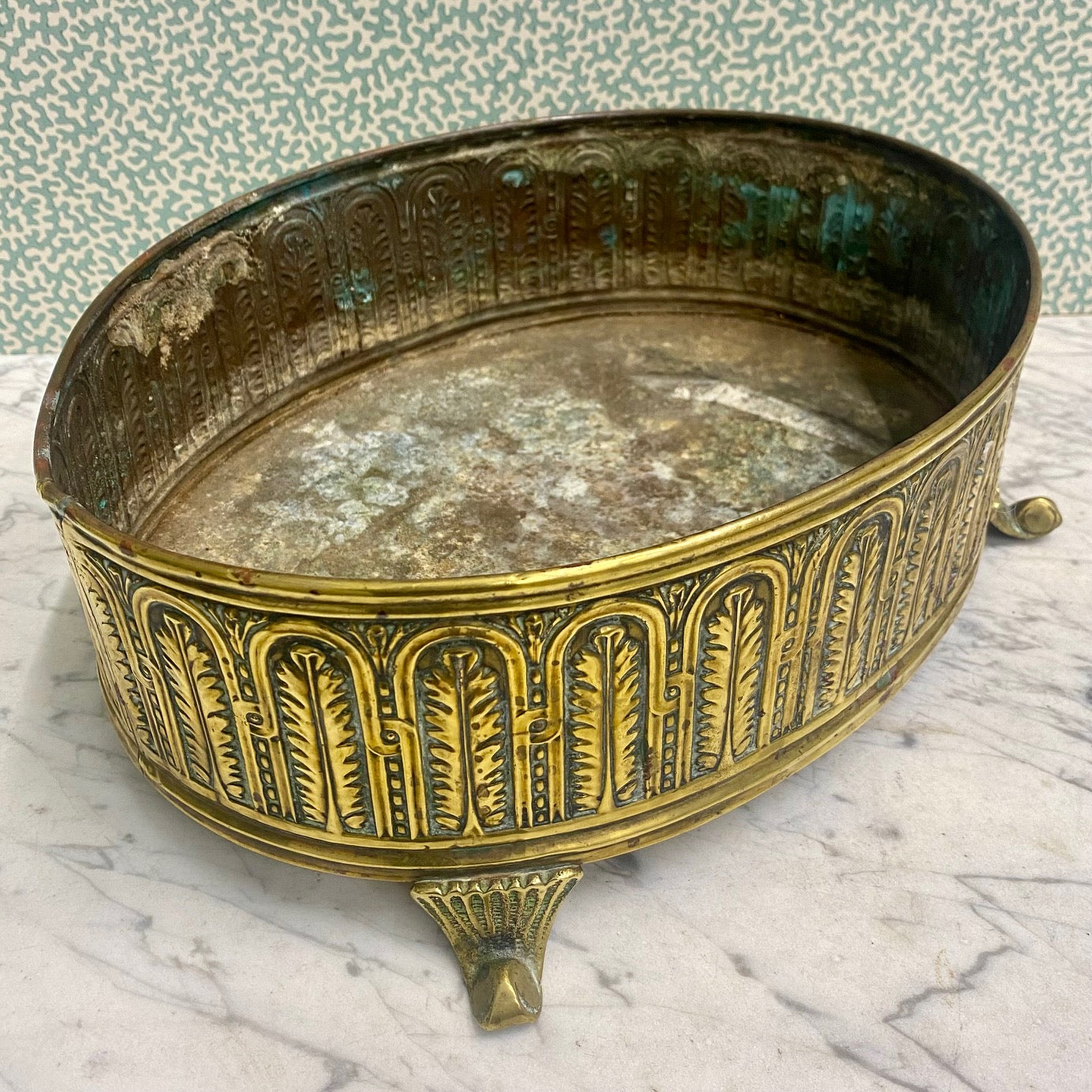 Vintage Decorative Oval Brass Planter with Scroll Feet