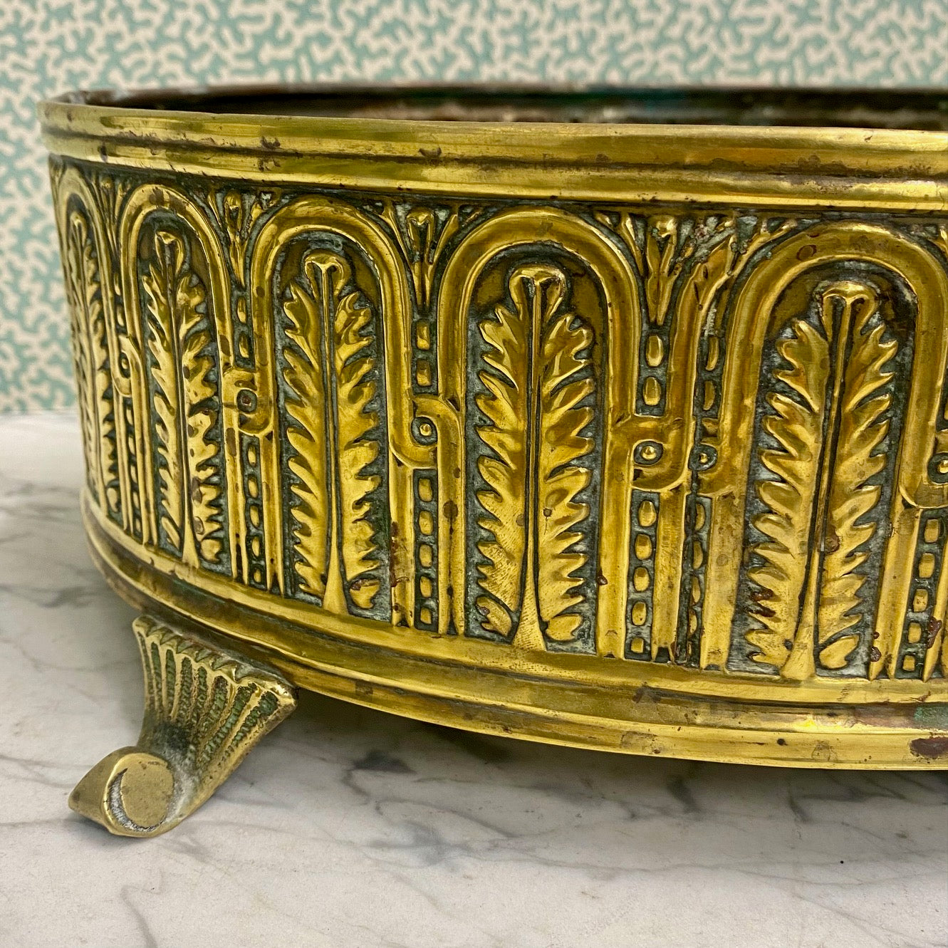 Vintage Decorative Oval Brass Planter with Scroll Feet