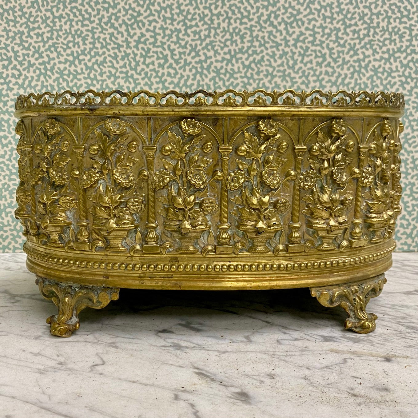 Stunning Antique Brass Planter with Floral Decoration