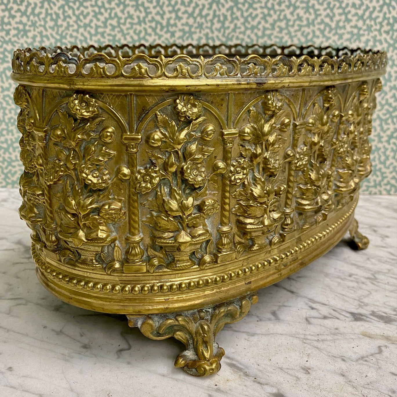 Stunning Antique Brass Planter with Floral Decoration
