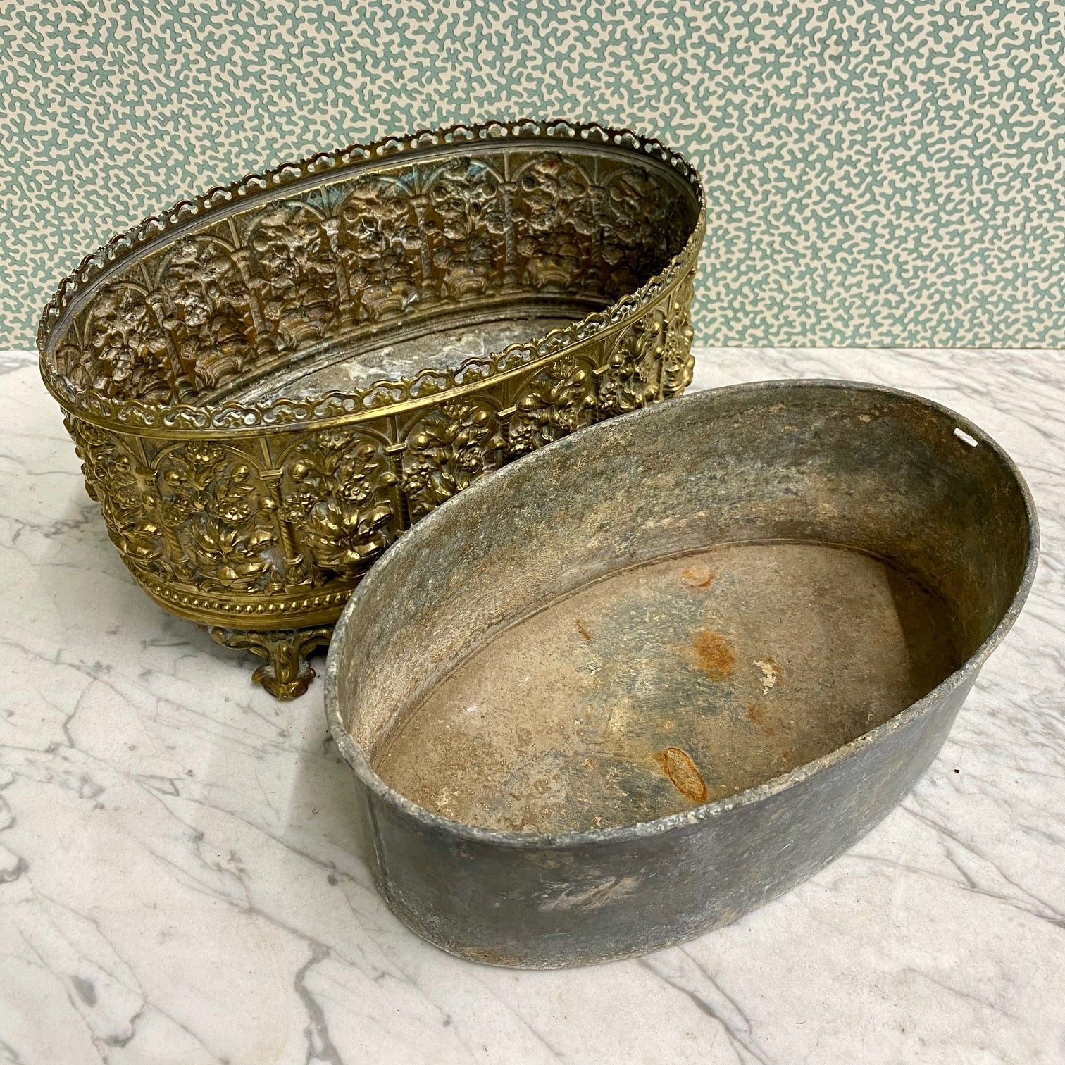 Stunning Antique Brass Planter with Floral Decoration