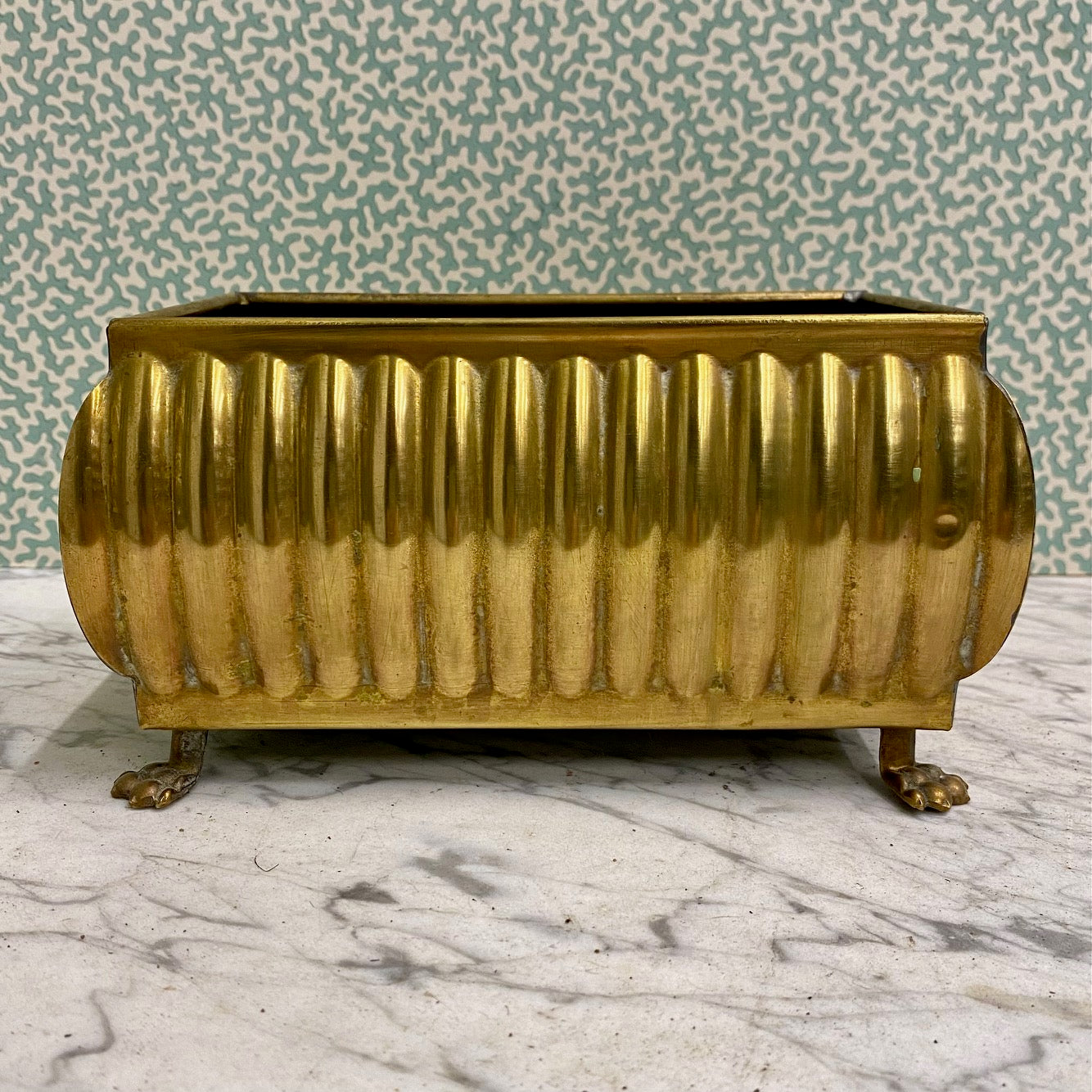 Pretty Small Vintage Brass Planter with Fluted Sides and Lions Paw Feet