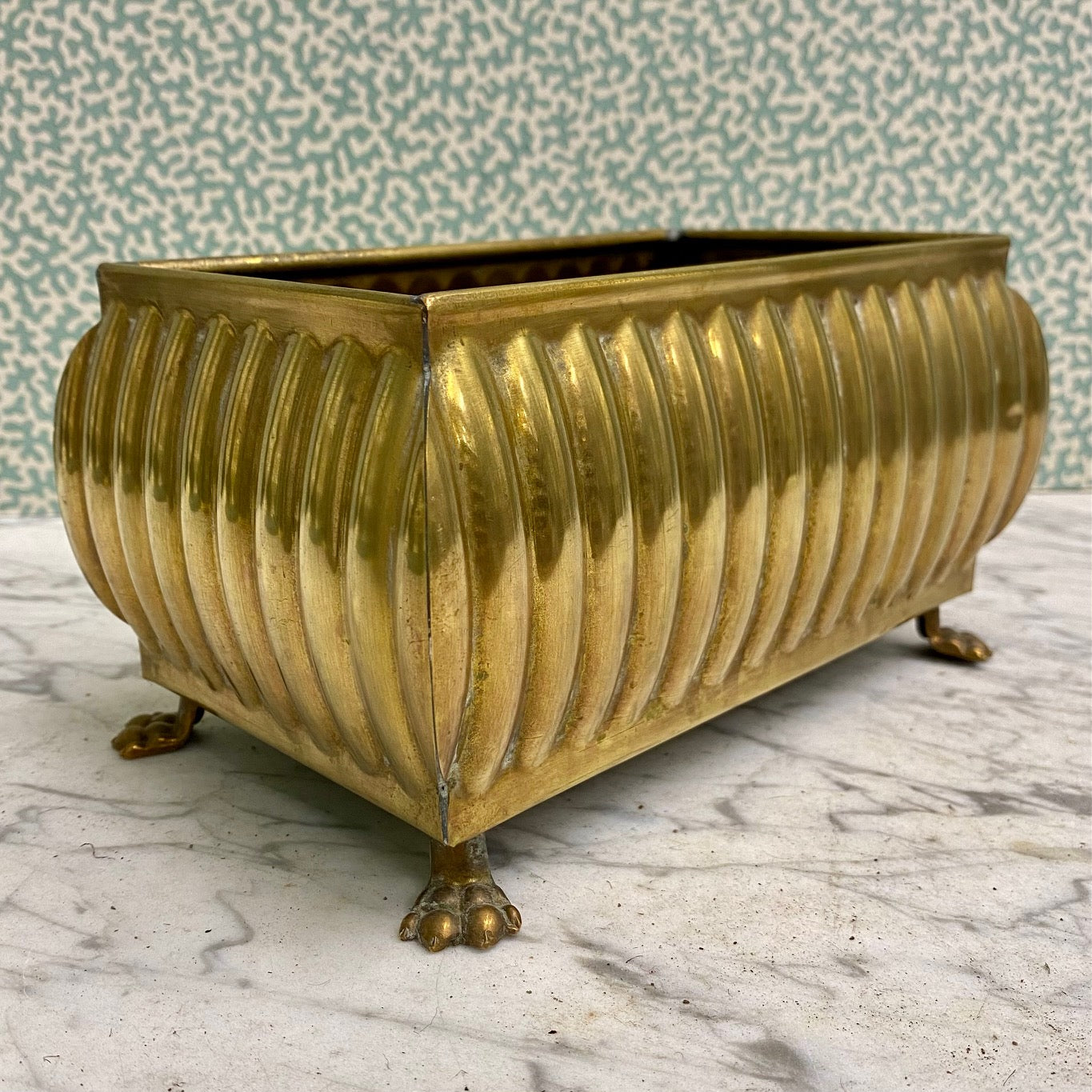 Pretty Small Vintage Brass Planter with Fluted Sides and Lions Paw Feet