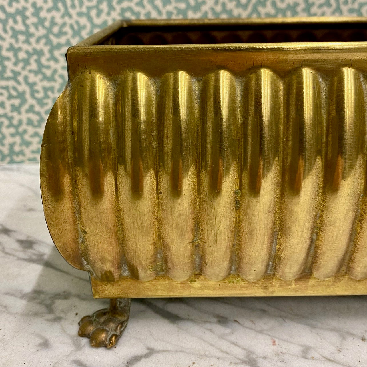 Pretty Small Vintage Brass Planter with Fluted Sides and Lions Paw Feet
