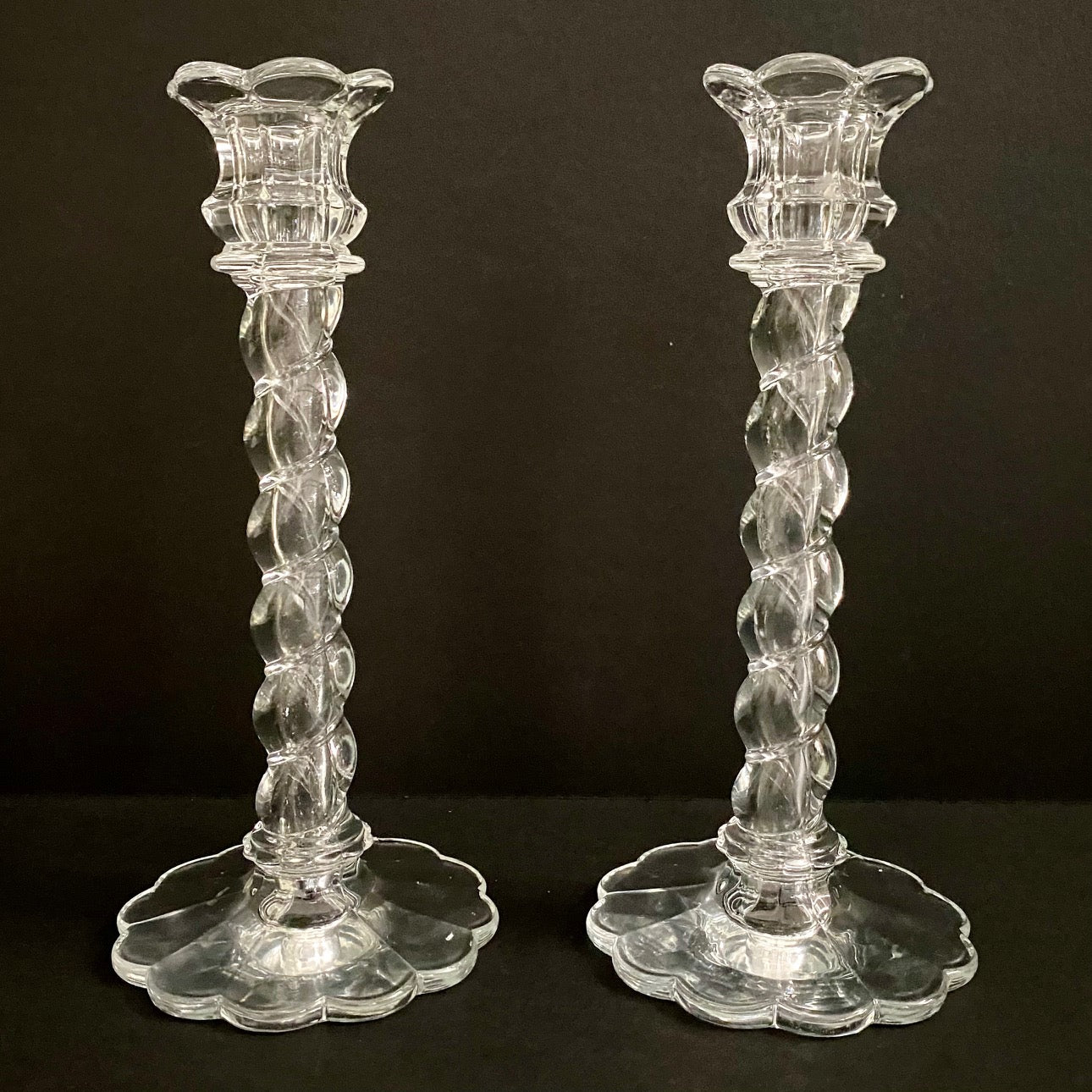 Pair Vintage Glass Candlesticks with Twisted Stem and Scalloped top and base