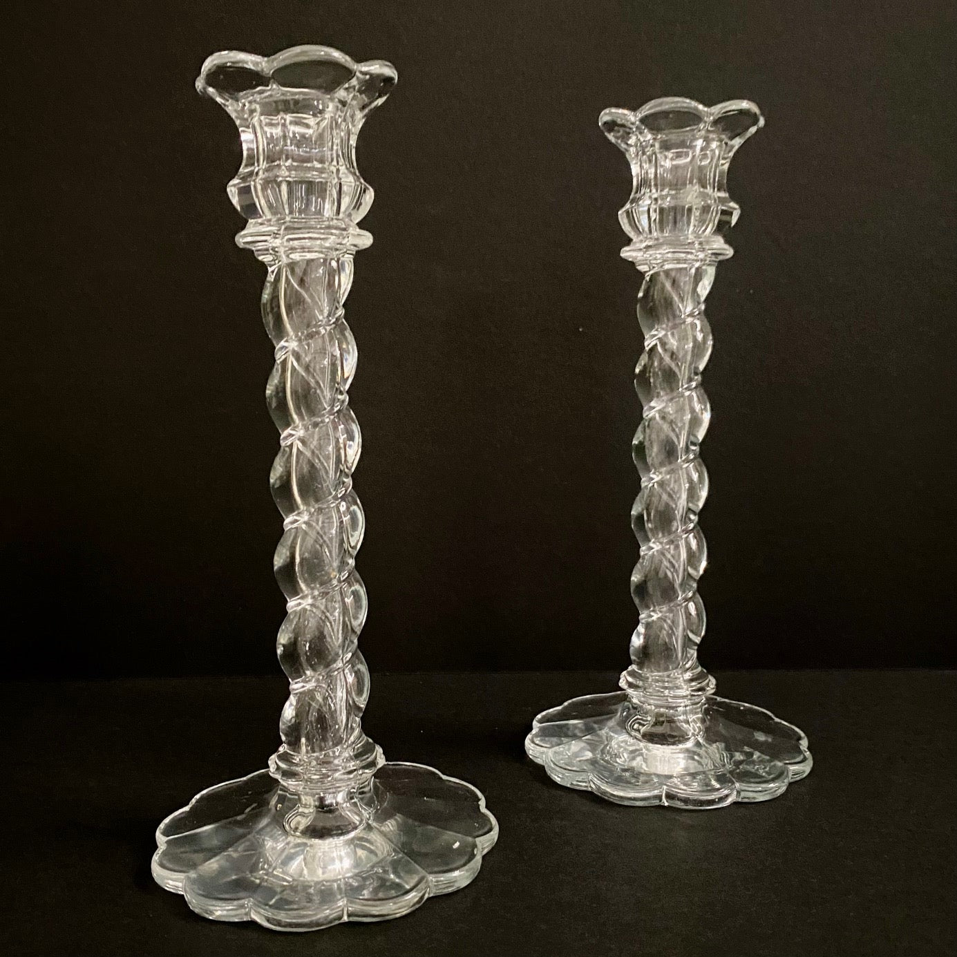 Pair Vintage Glass Candlesticks with Twisted Stem and Scalloped top and base