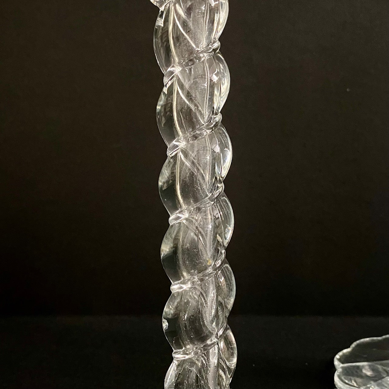 Pair Vintage Glass Candlesticks with Twisted Stem and Scalloped top and base