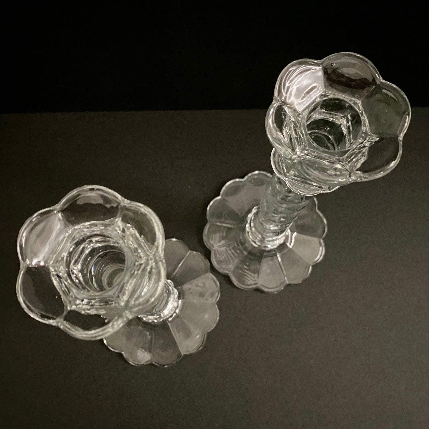 Pair Vintage Glass Candlesticks with Twisted Stem and Scalloped top and base