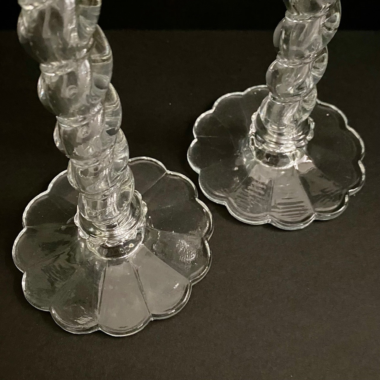 Pair Vintage Glass Candlesticks with Twisted Stem and Scalloped top and base