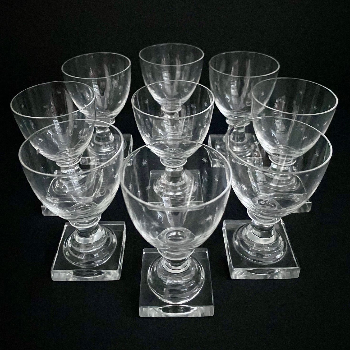Set 9 Victorian Crystal Sweet Wine Glasses Etched with Stars