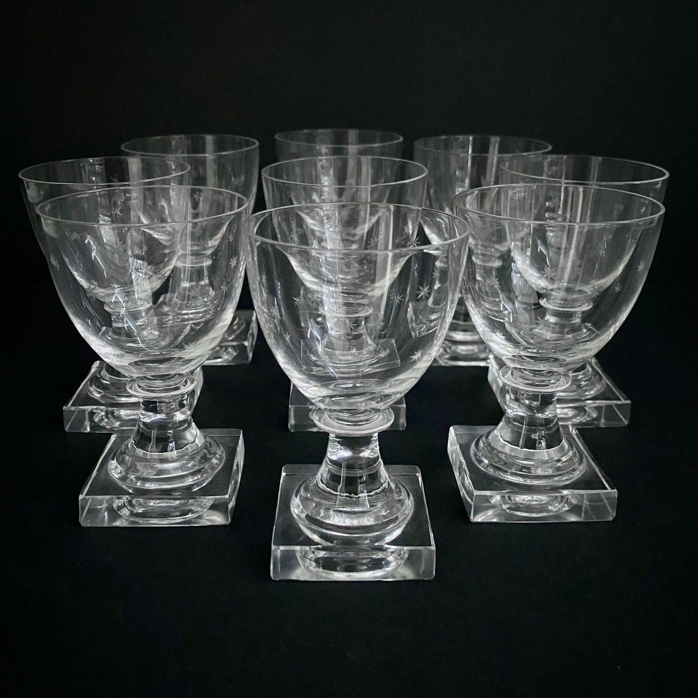 Set 9 Victorian Crystal Sweet Wine Glasses Etched with Stars
