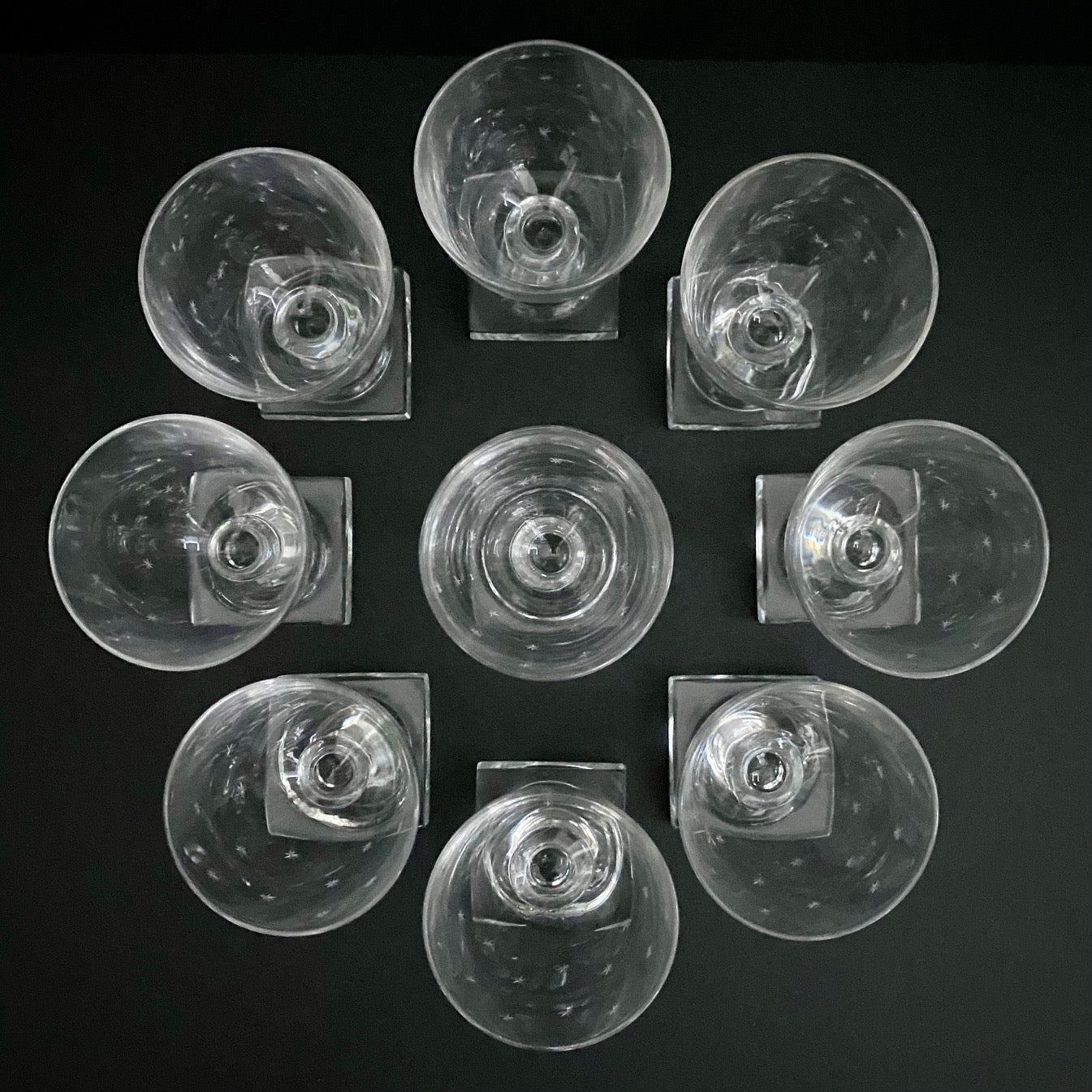 Set 9 Victorian Crystal Sweet Wine Glasses Etched with Stars