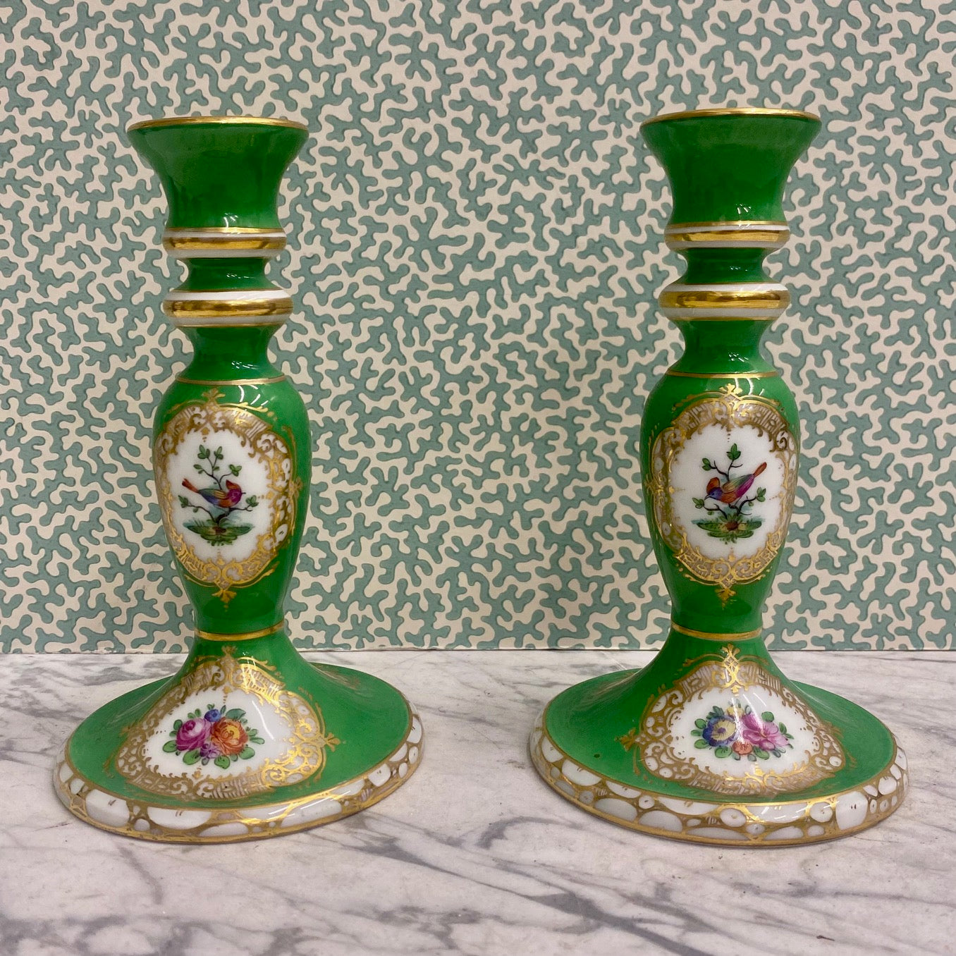 Pair Porcelain Green Gilt Floral Bird Candlesticks