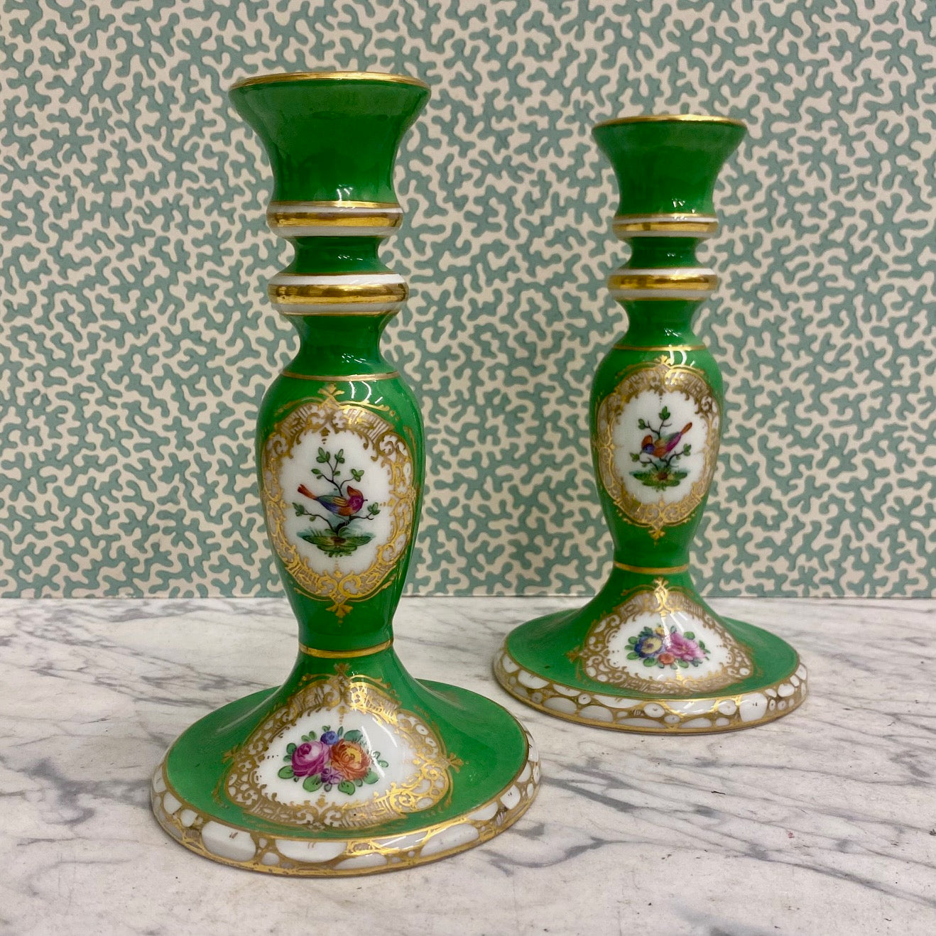 Pair Porcelain Green Gilt Floral Bird Candlesticks