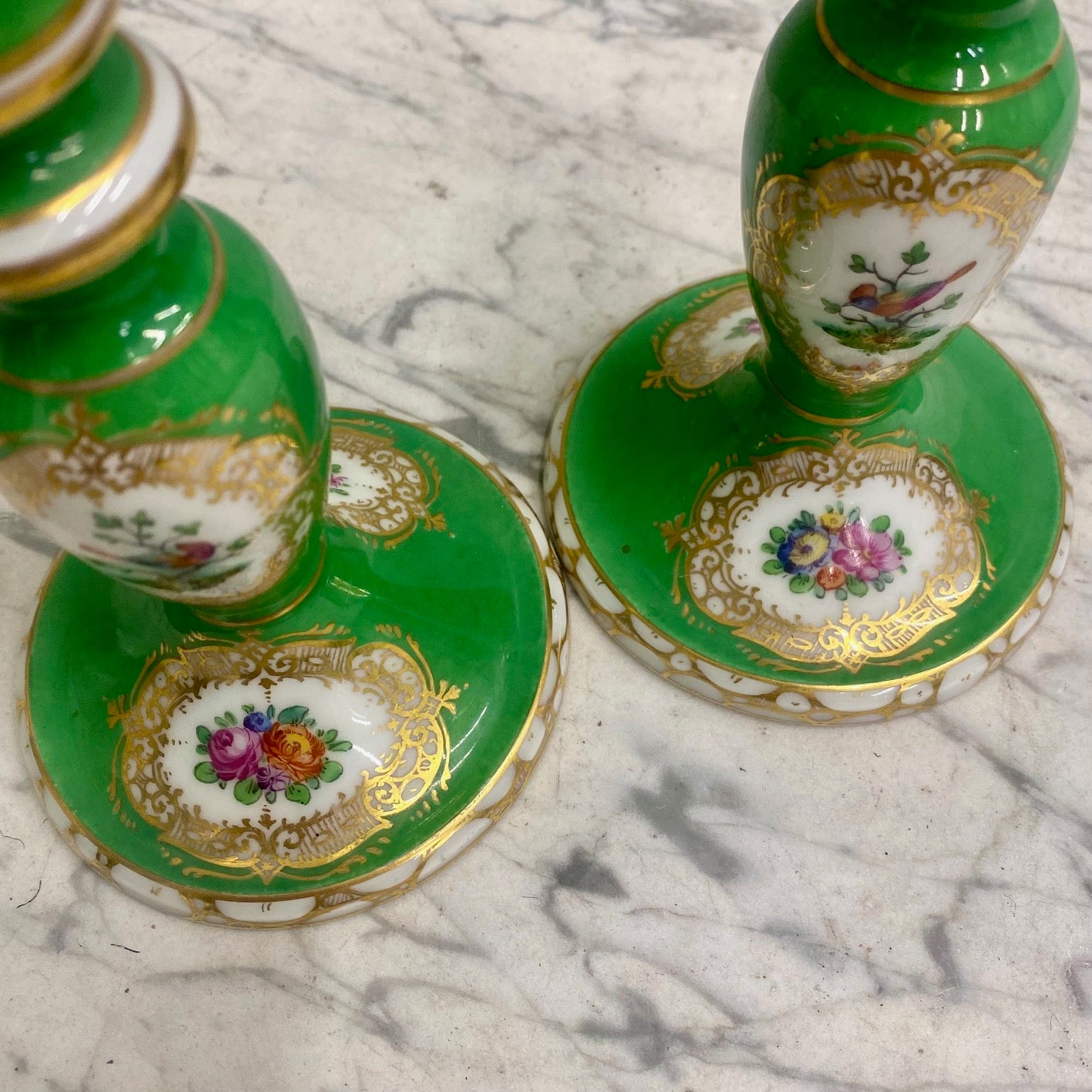 Pair Porcelain Green Gilt Floral Bird Candlesticks