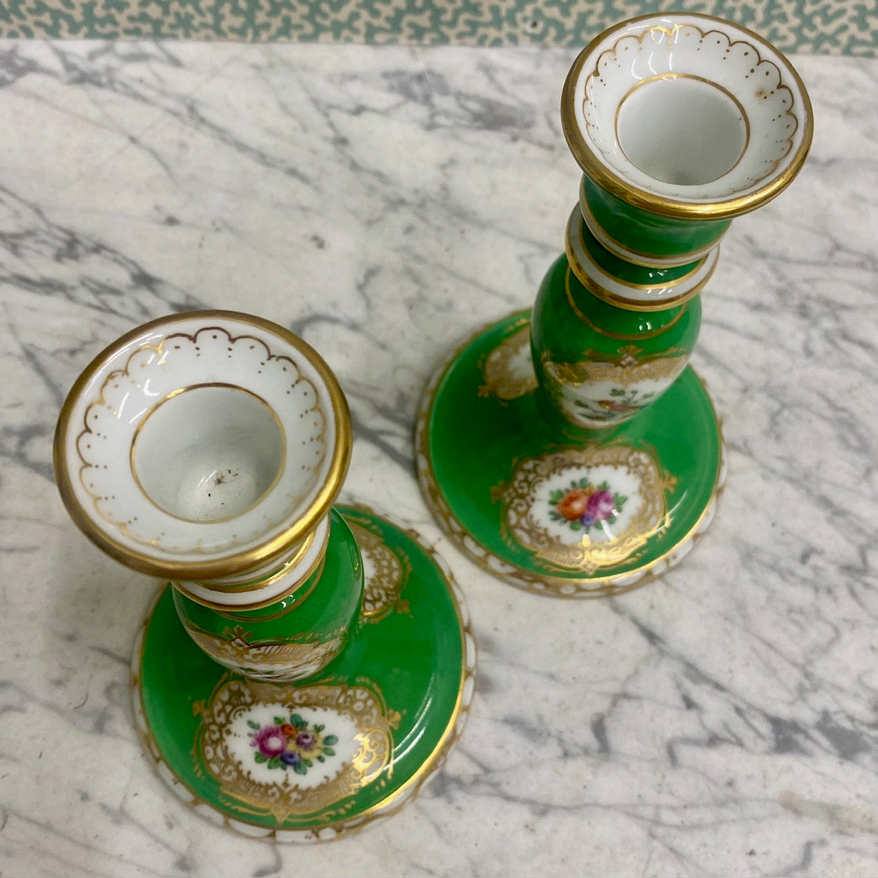 Pair Porcelain Green Gilt Floral Bird Candlesticks