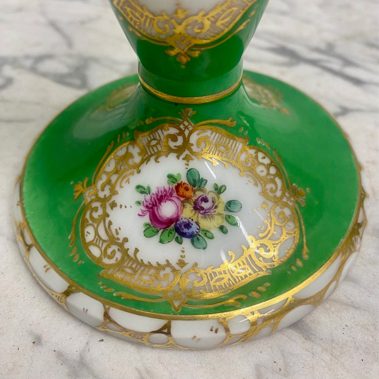 Pair Porcelain Green Gilt Floral Bird Candlesticks