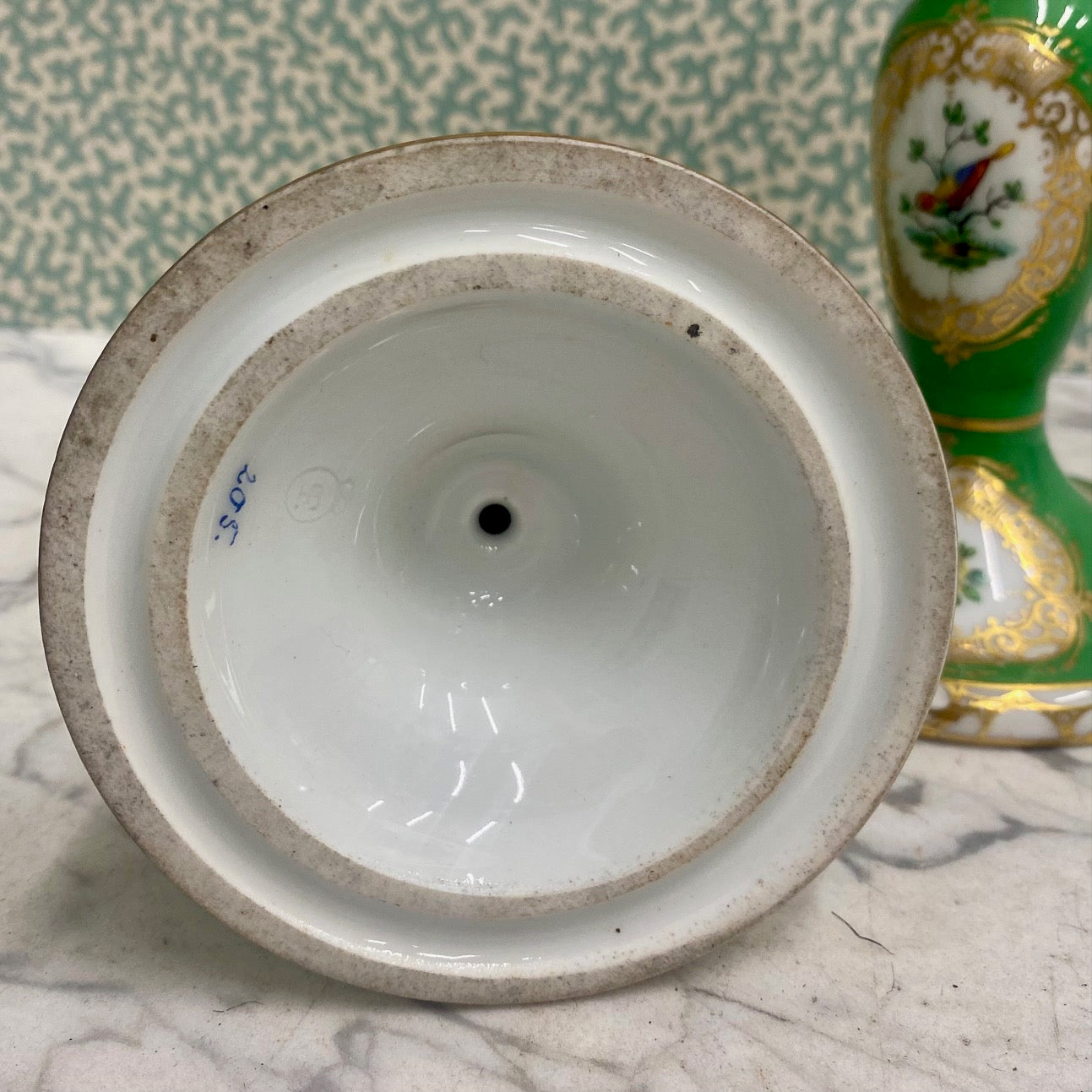 Pair Porcelain Green Gilt Floral Bird Candlesticks