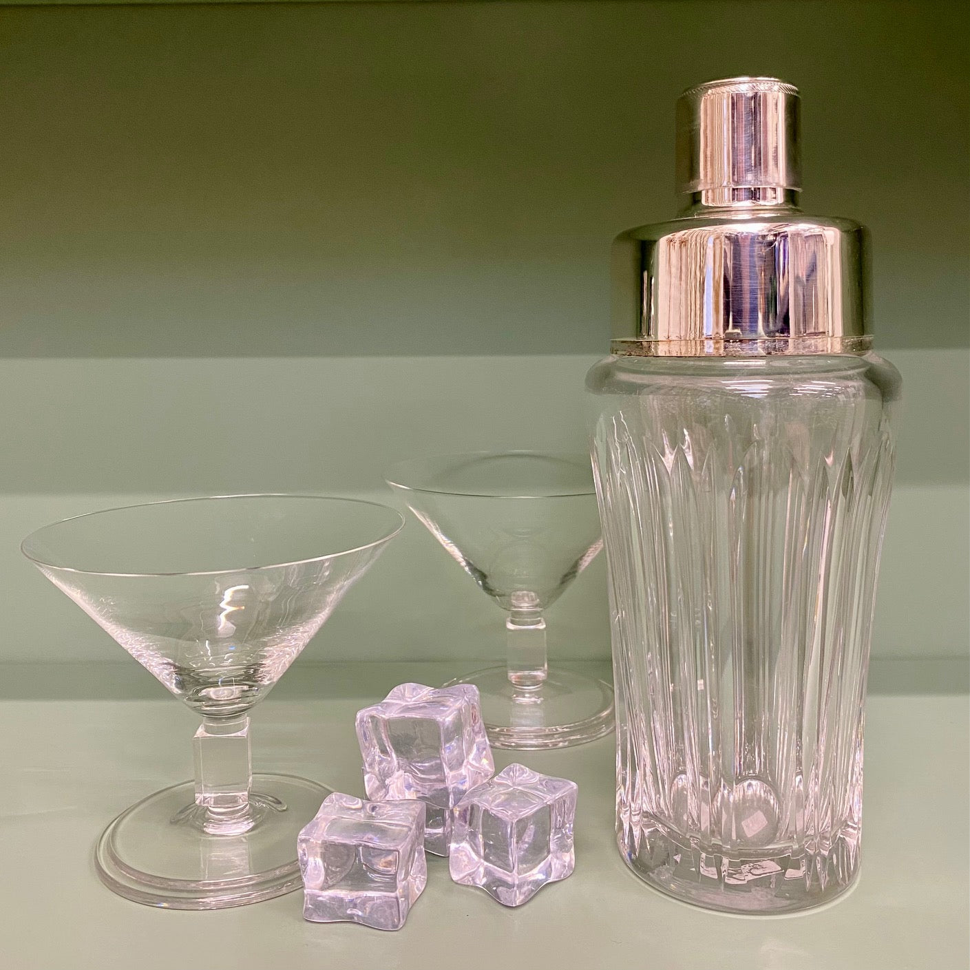 Cut Glass 1950's Cocktail Shaker with Silver Plated Lid