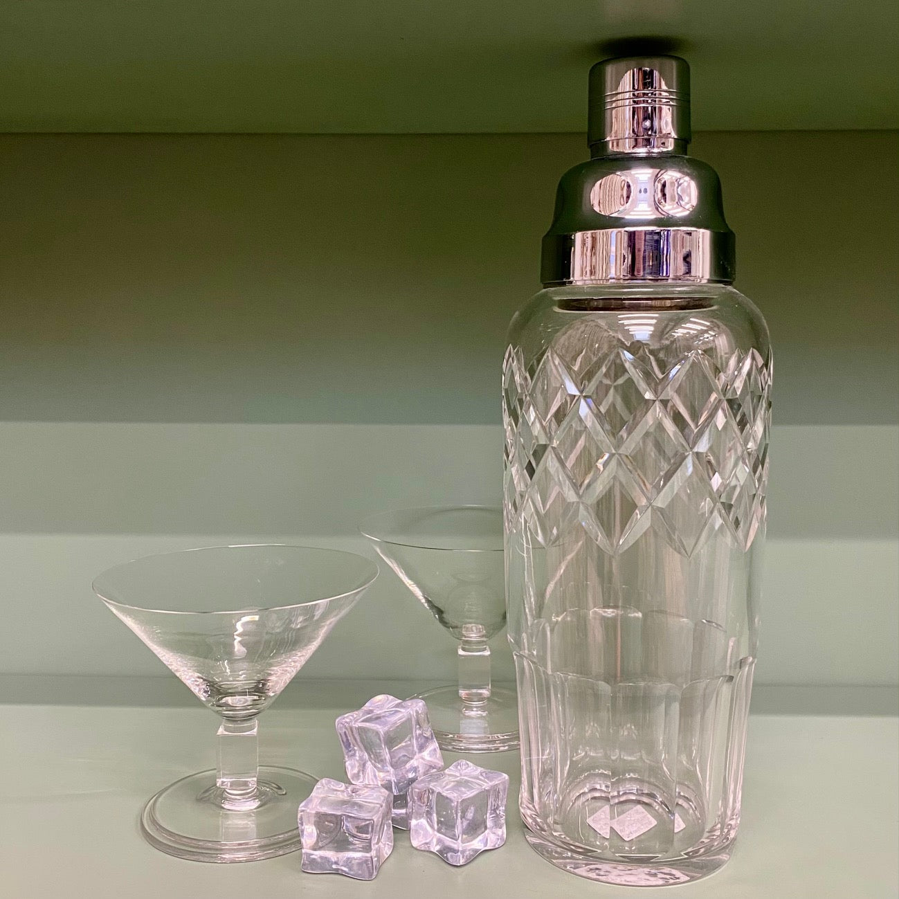 VINTAGE LARGE CUT GLASS & CHROME COCKTAIL SHAKER