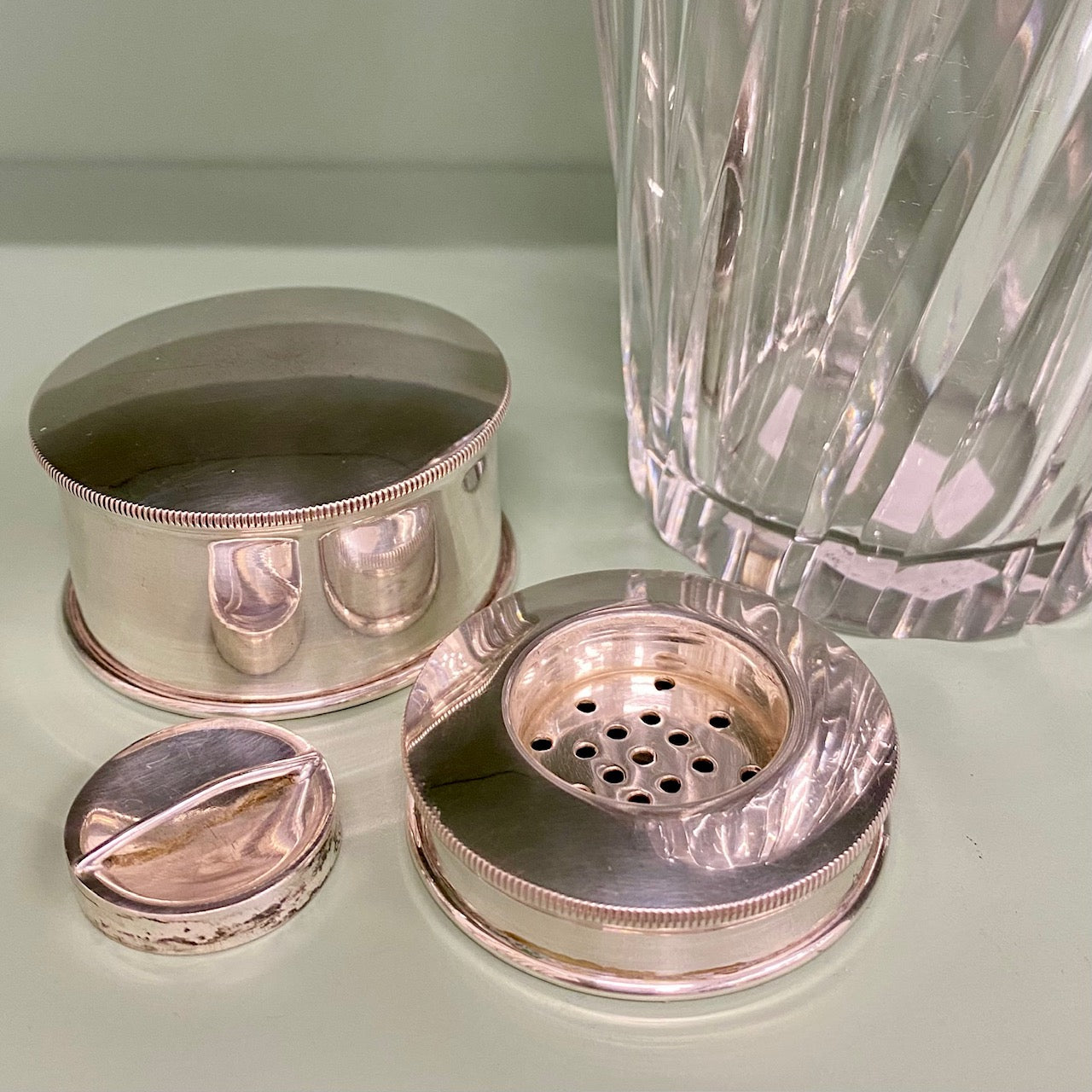 1950's Cut Crystal Cocktail Shaker with hallmarked Silver Lid